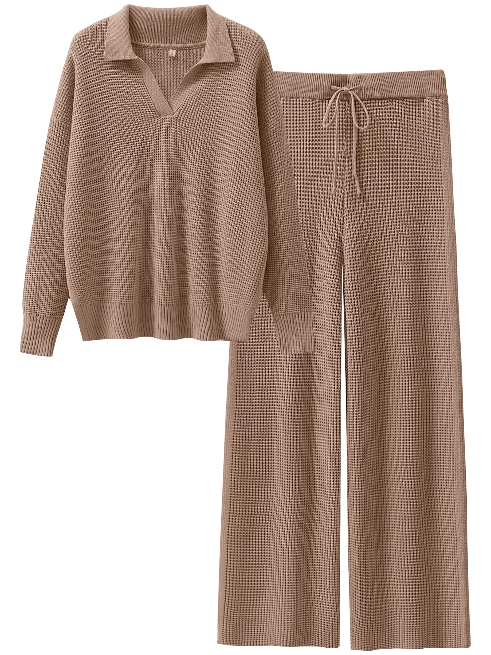 ANRABESS Women's Two Piece Outfits - Waffle Knit Sweater & Wide Leg Pants Lounge Set | Cozy Matching Tracksuit for Home, Travel & Casual Wear