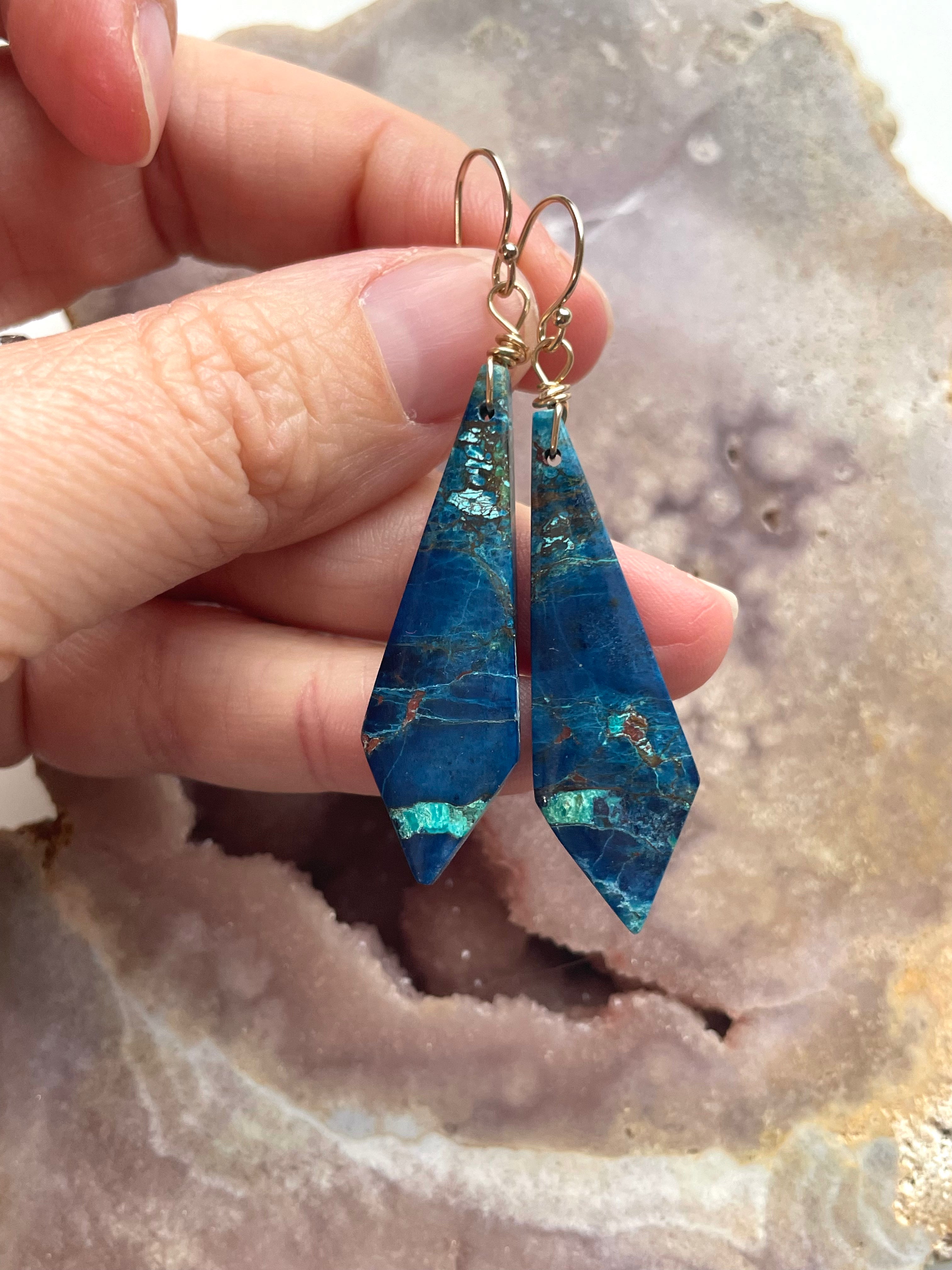 Chrysocolla Gold-Filled Statement Crystal Gemstone Earrings for Women | Elegant Dangle Drop Earrings for Party, Wedding & Evening Wear