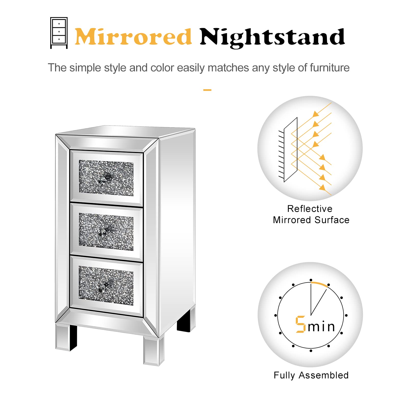 VINGLI 3-Drawer Mirrored Nightstand - Silver Glass Accent Bedside Table with Storage, Fully Assembled for Bedroom, Living Room & Guest Room Decor