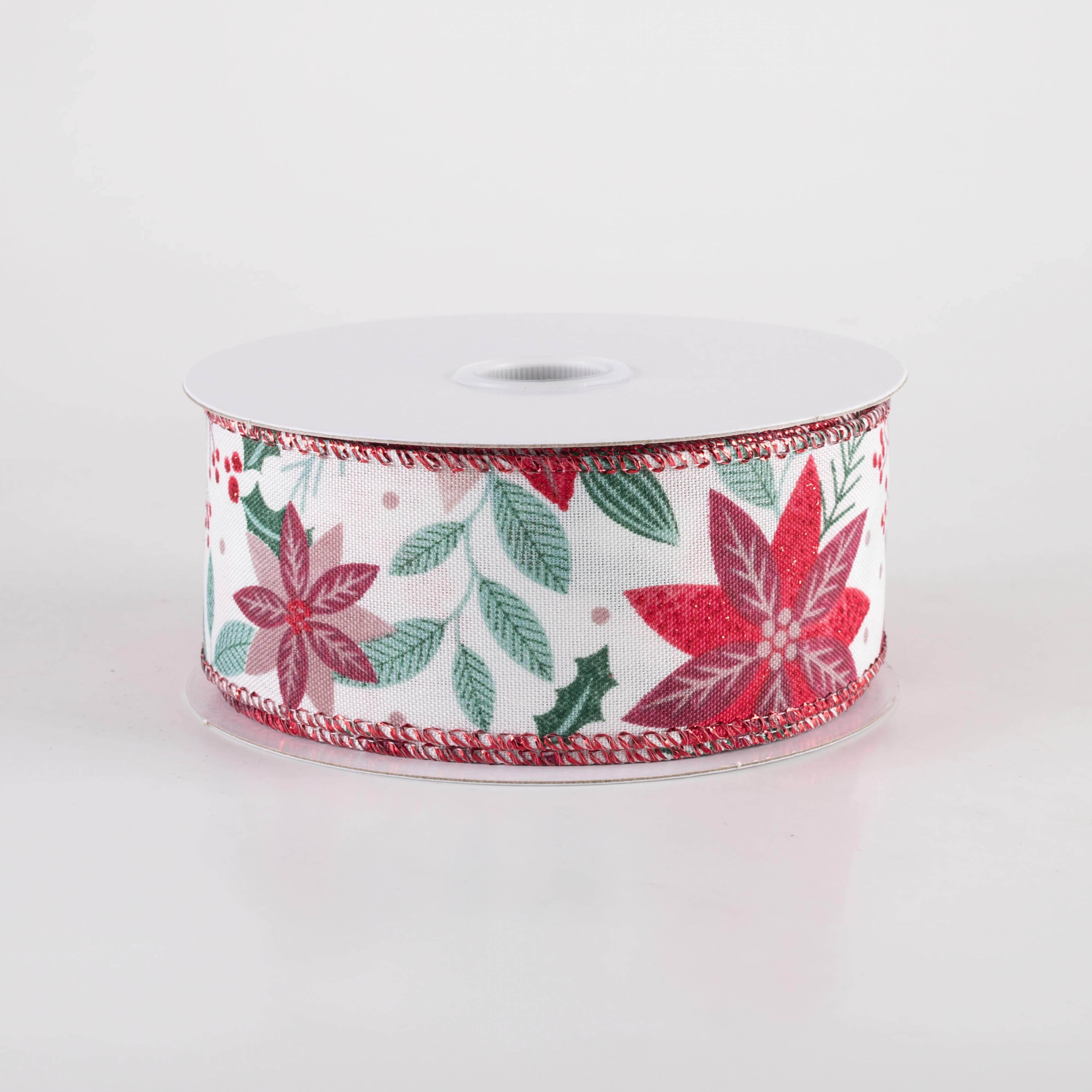 1.5 Inch Holiday Poinsettia Christmas Ribbon - Red Flowers on White Background (10 Yards) for Gift Wrapping, Tree Decorations & DIY Crafts