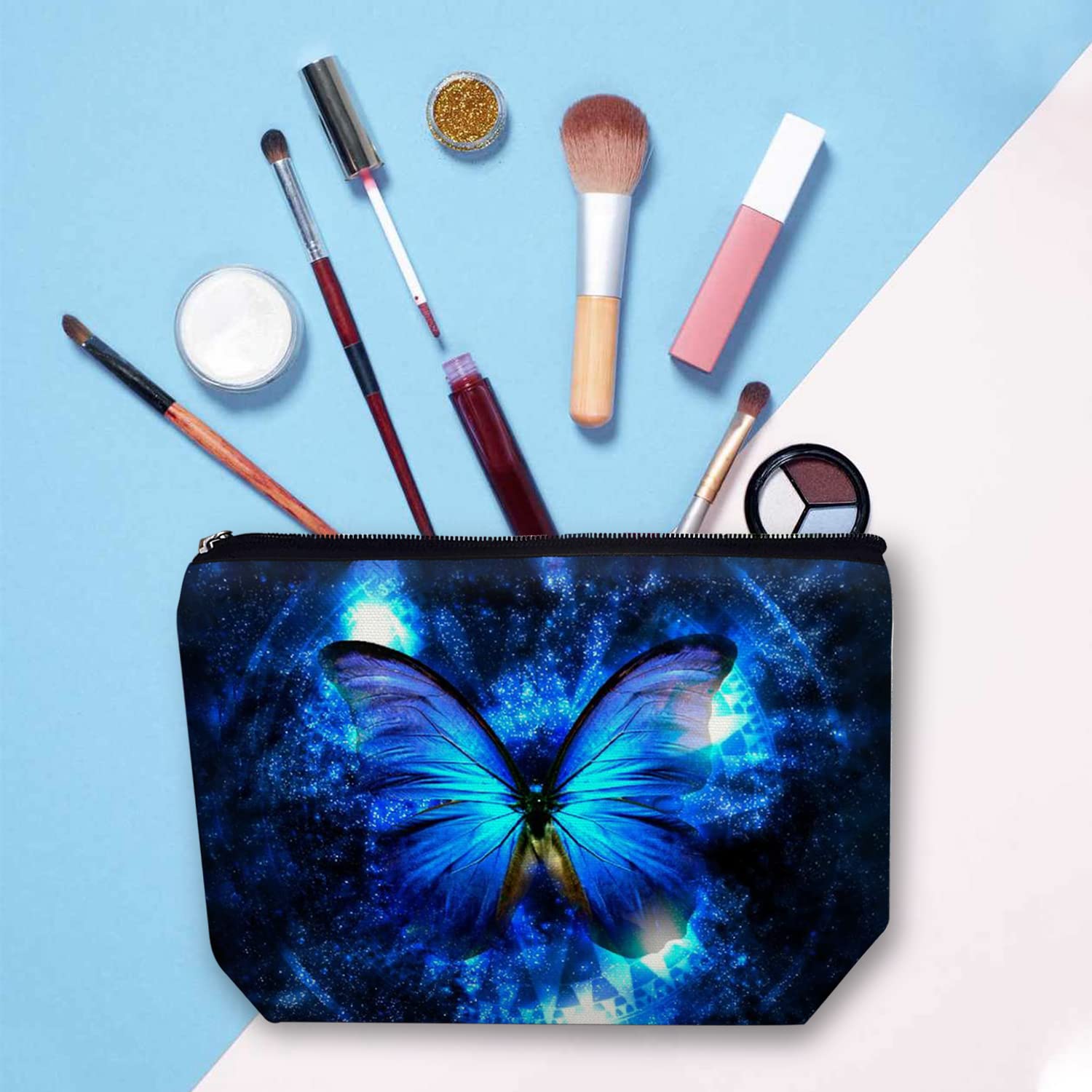 Large Travel Makeup Bag for Women - Waterproof Cosmetic Organizer with Zipper, 7x10 Inch Toiletry Pouch (Blue Butterfly Pattern) - Perfect for Vacation, Gym & Daily Essentials Storage