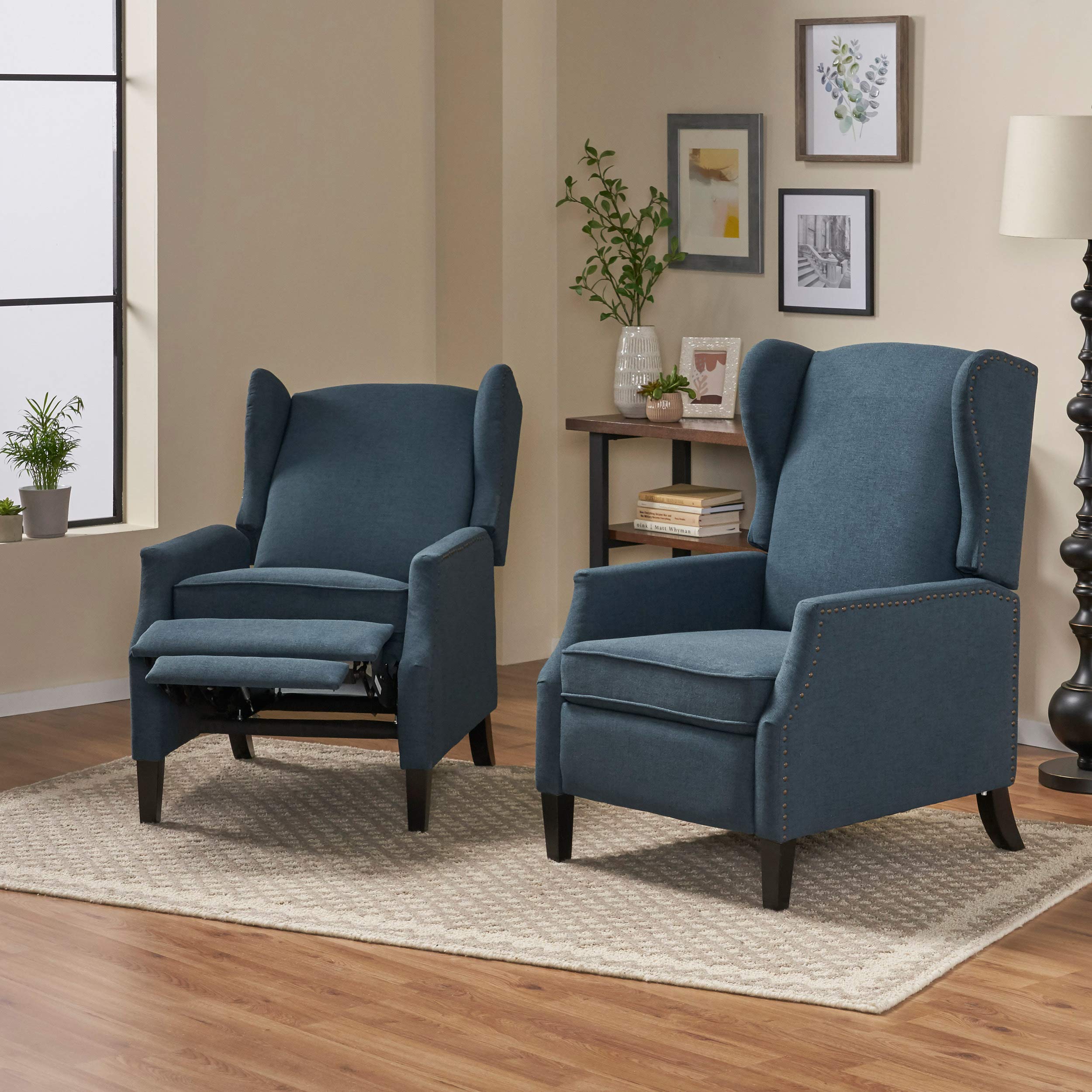 Christopher Knight Home Ellyn Fabric Recliner Set of 2 - Navy Blue & Dark Brown Reclining Chairs for Living Room, Home Theater, and Relaxation
