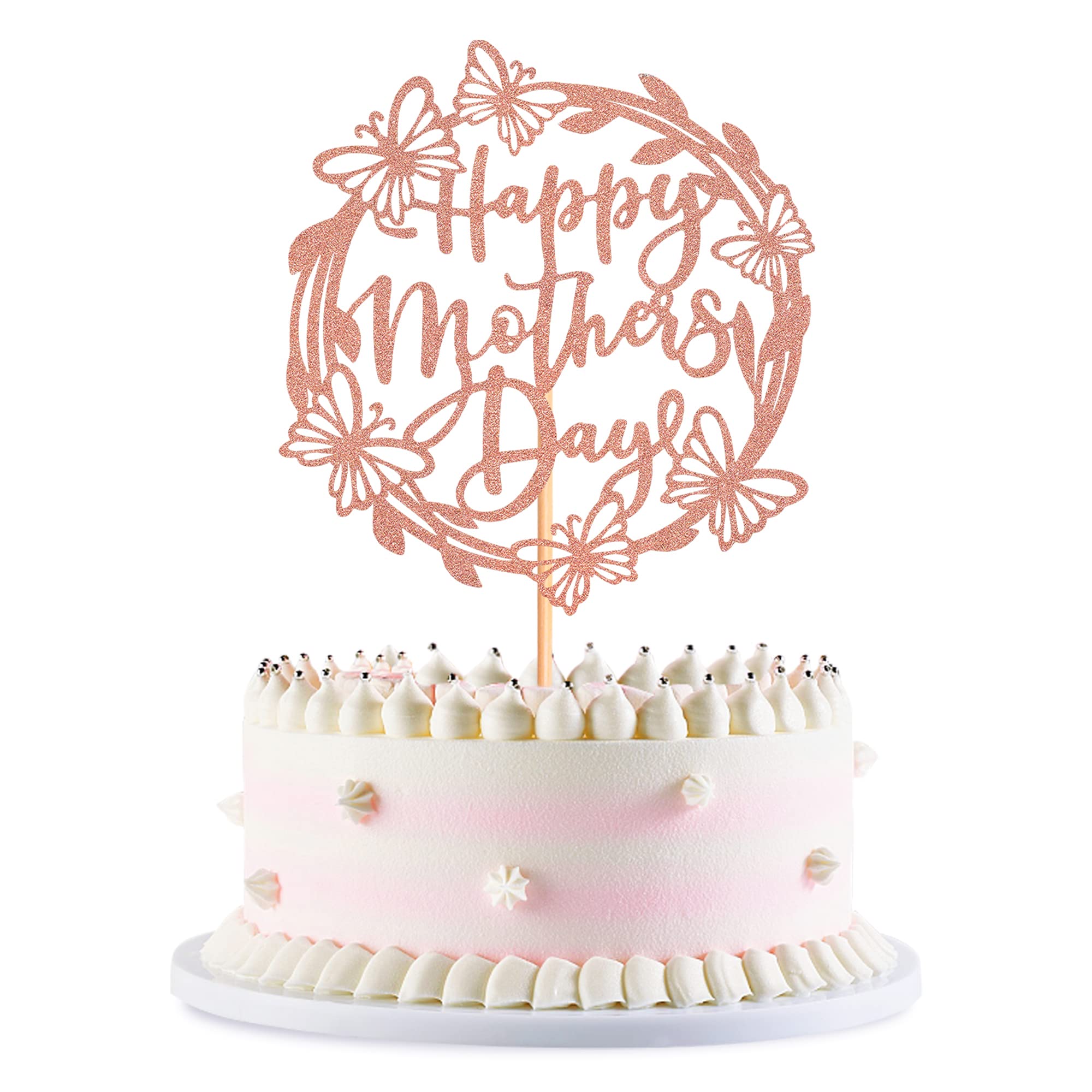 Happy Mother's Day Cake Topper - Glitter Letter Mom Cake Decoration with Rose Gold Butterfly for Birthday Party, Wedding, Baby Shower & Special Celebrations