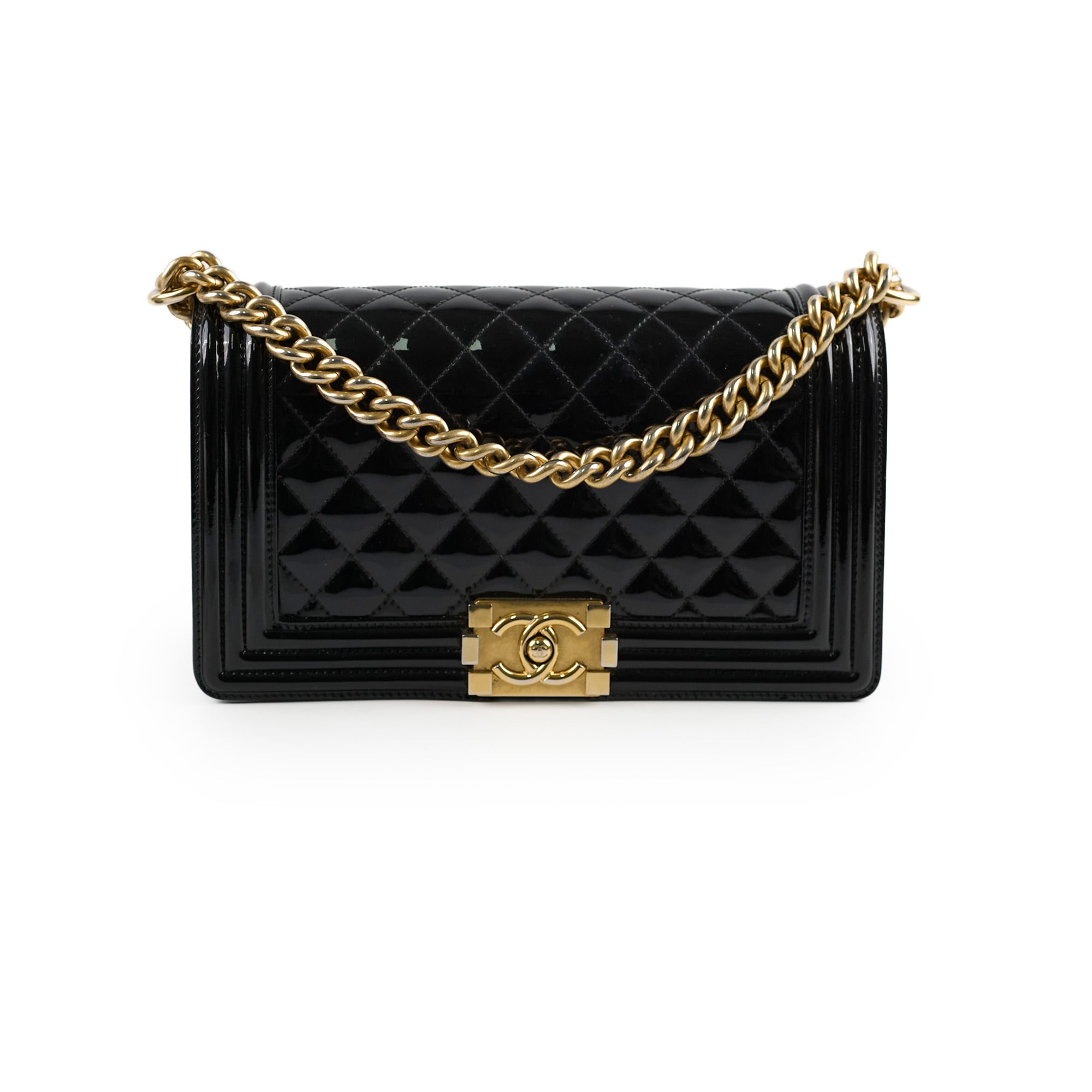 Chanel Old Medium Boy Bag Black Patent Leather Crossbody Bag - Luxury Designer Handbag for Women, Perfect for Parties, Dates & Evening Events