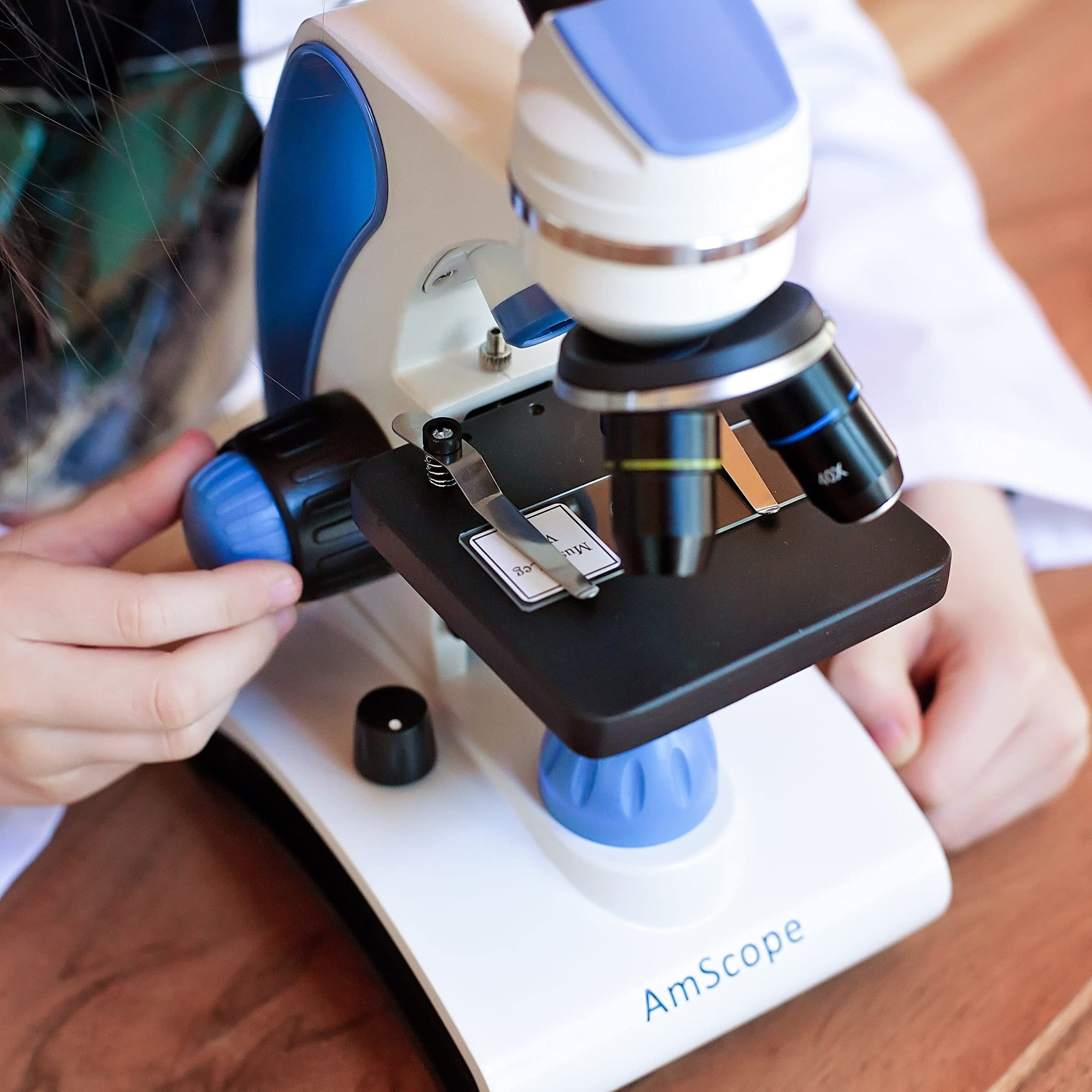 AmScope M162C-2L-PB10-WM 40X-1000X Dual LED Illumination Student Microscope Kit with Slides & Guide Book - Perfect for Kids Science Experiments, Biology Lab & Homeschool Learning - All Metal Construction in Blue