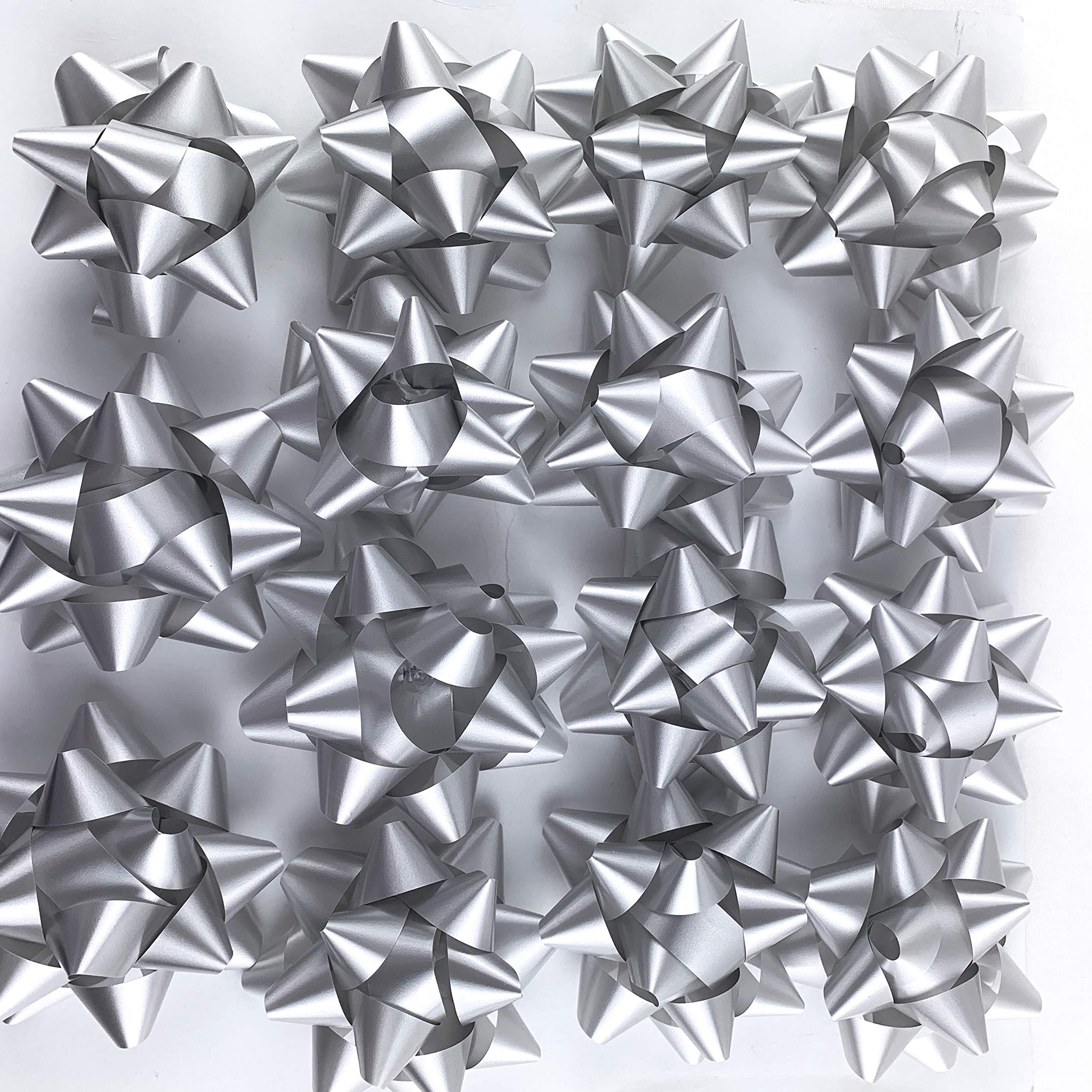 Premium Silver Confetti Star Gift Bows - 3.75 Inch Christmas Present Wrapping Bows (15 Pack) - Perfect for Holiday Gifts, Party Decorations & Festive Packaging