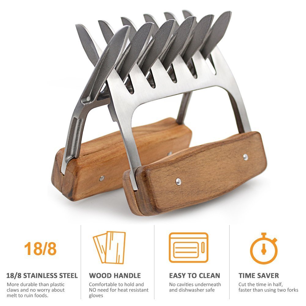 Easylife 18/8 Stainless Steel Meat Shredder Claws with Wooden Handle - BBQ Pulling Forks for Pork, Turkey, Chicken & Brisket - Perfect for Grilling, Smoking & Serving at Backyard Cookouts