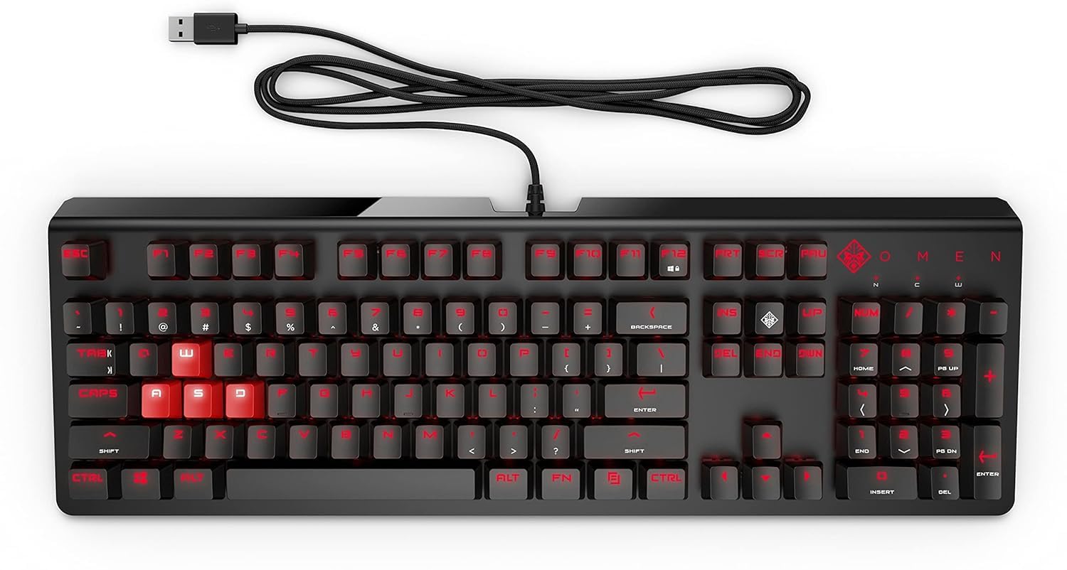 OMEN by HP Wired USB Gaming Keyboard 1100 - Mechanical Feel, Anti-Ghosting, RGB Backlit (Black/Red) - Perfect for PC Gaming, Esports & Office Work
