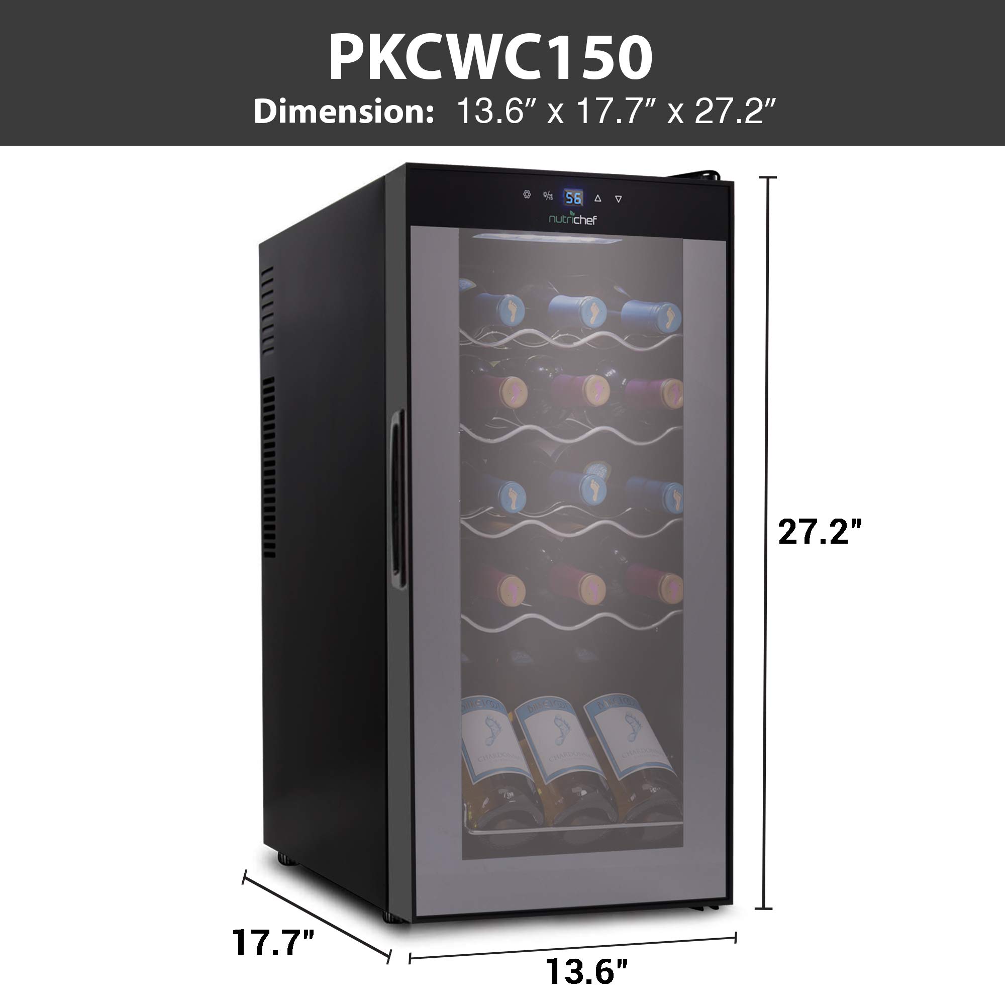 NutriChef 15-Bottle Compact Wine Cooler - Freestanding Mini Refrigerator with Digital Touch Control, Glass Door & Quiet Operation - Perfect for Home, Office, or Bar (Black, White & Red)