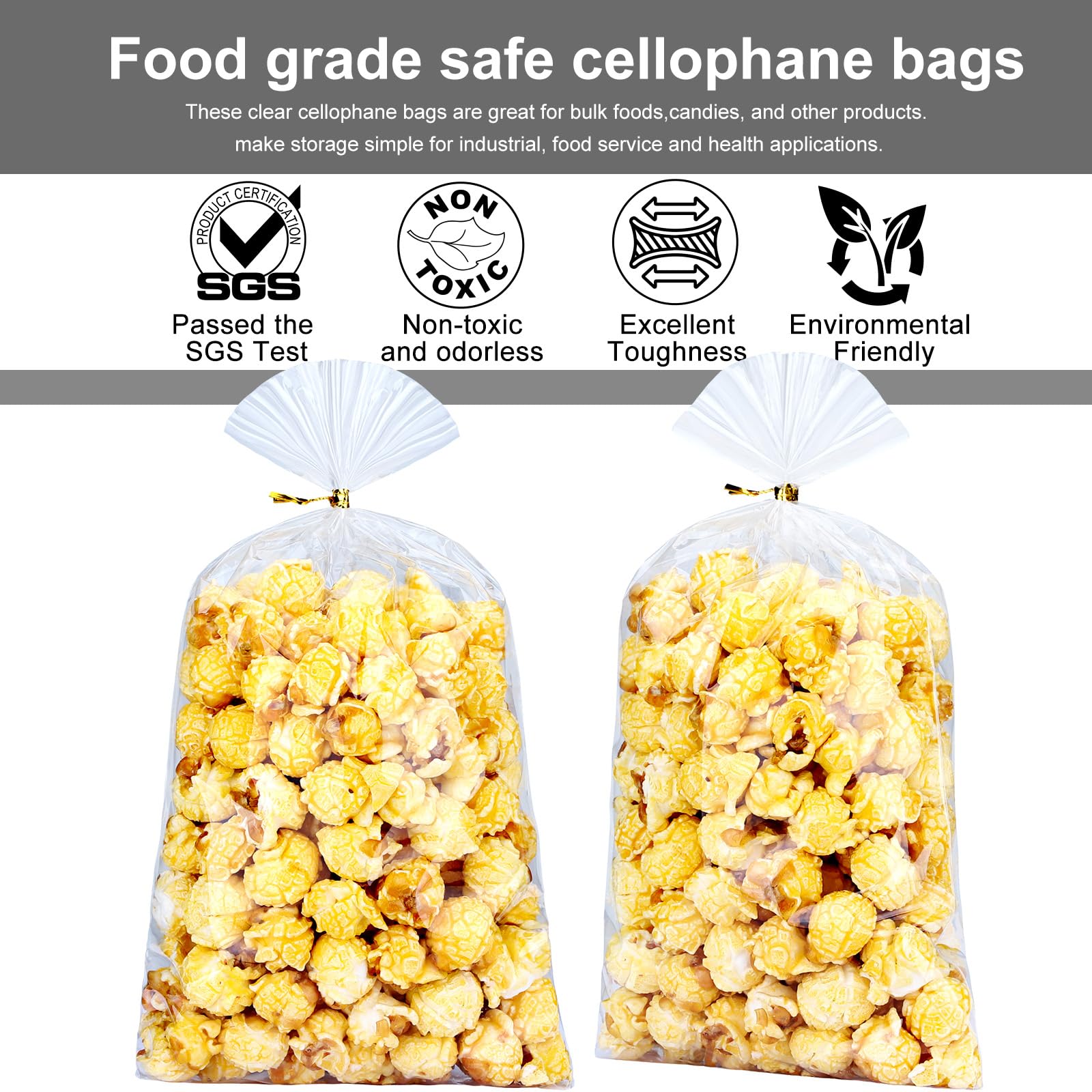 100pcs 6x10 Inch Clear Cellophane Candy Bags with Ties - Treat Bags for Party Favors, Goodie Bags, Cake Pops, Gift Baskets, Bakery Cookies & Apple Gifts | Perfect for Birthday Parties, Baby Showers & Holiday Gift Giving
