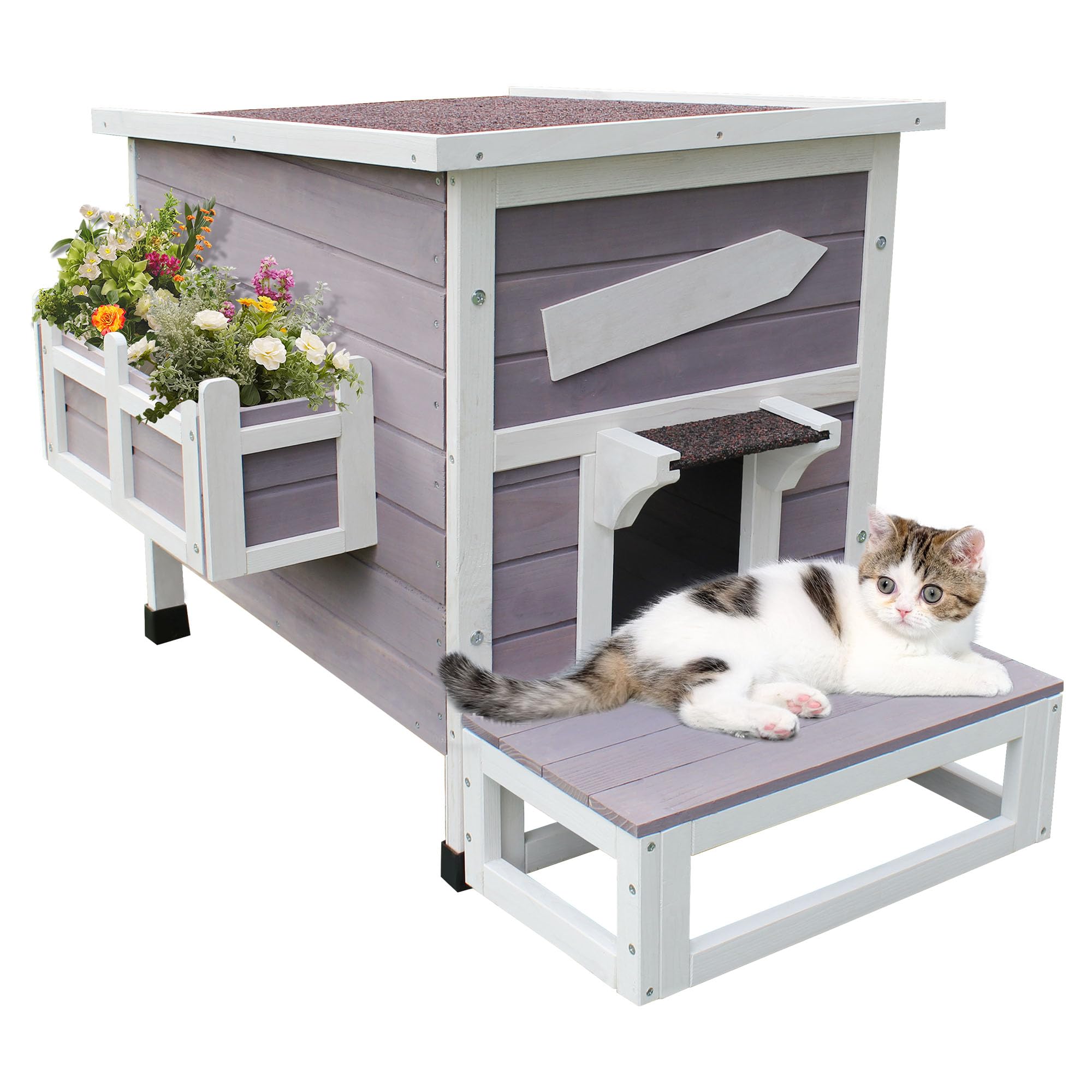 Weatherproof Outdoor Cat House with Escape Door - Insulated Wooden Pet Shelter for Feral Cats, Puppies & Small Animals - Grey - Perfect for Backyard, Garden & All-Season Protection