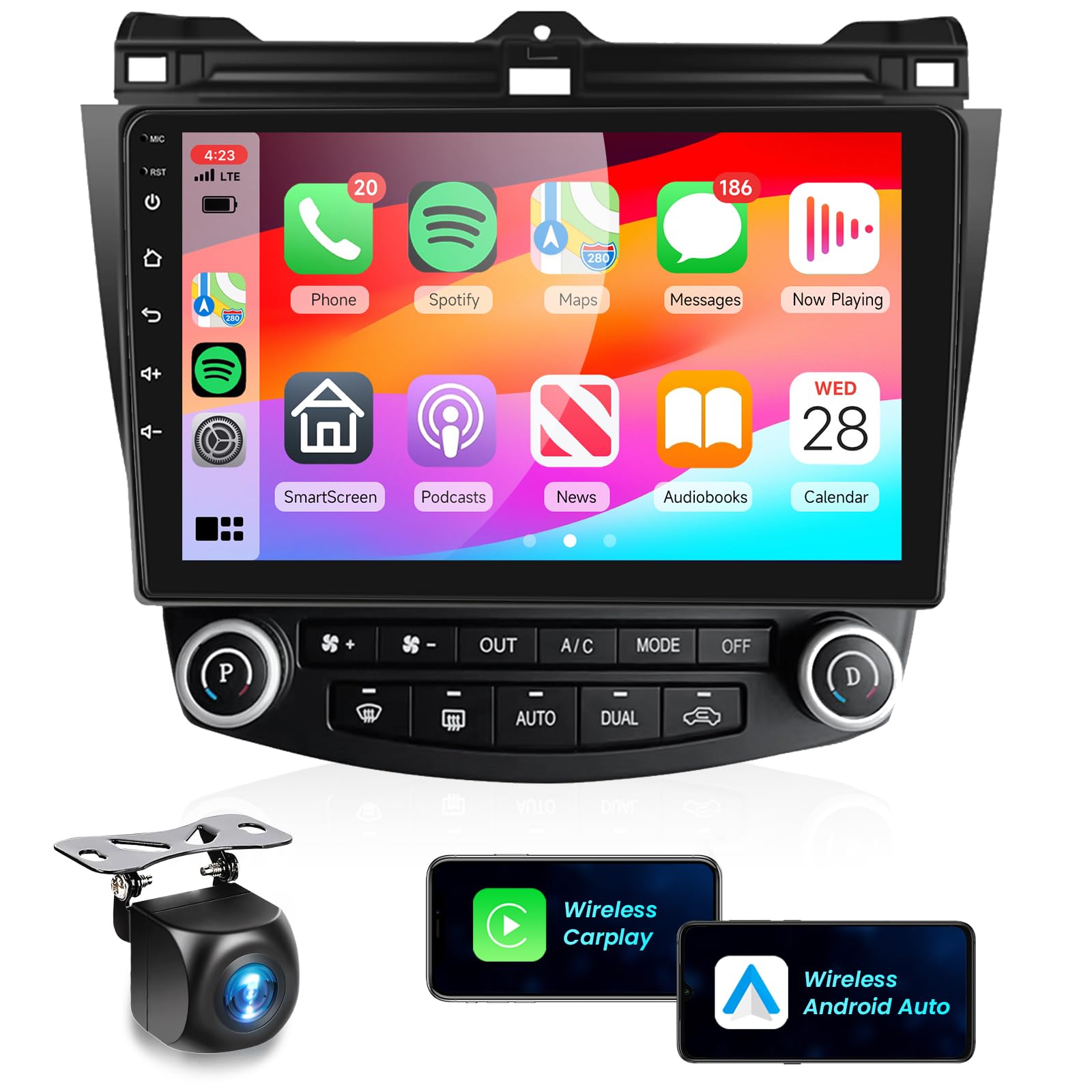 Podofo 10.1 Inch HD IPS Touch Screen Car Stereo for 2003-2007 Honda Accord 7th Gen - Wireless Apple CarPlay & Android Auto, GPS Navigation, Bluetooth, WiFi, HiFi/16 EQ, MirrorLink, FM Radio with Backup Camera | Perfect for Road Trips & Daily Commuting