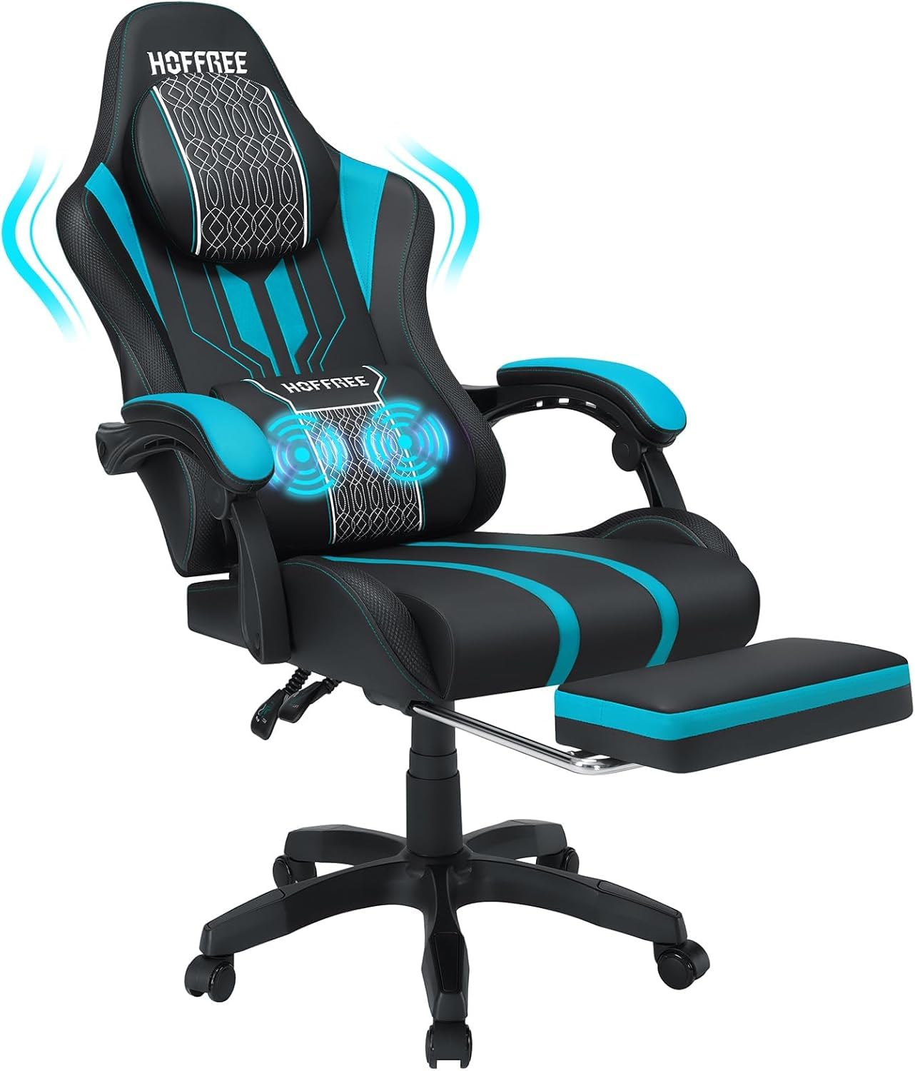 HOFFREE Ergonomic Gaming Chair with Massage & Footrest - Heavy Duty 400lbs Capacity Big and Tall Reclining Computer Chair for Adults - Blue & Black - Perfect for Long Gaming Sessions, Office Work & Home Entertainment