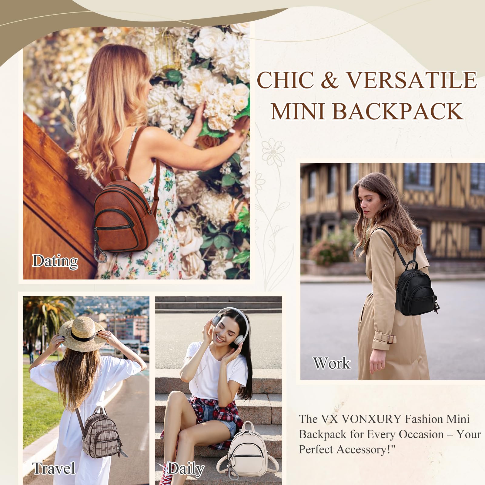 VX VONXURY Mini Backpack Purse for Women - Small Convertible Crossbody Bag with Detachable Straps, Fashionable Daypack for Travel, Work & School