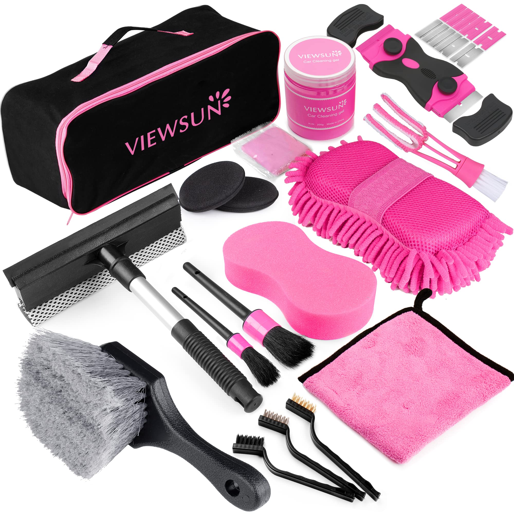 Viewsun 19PCS Pink Car Cleaning Kit for Women - Interior & Exterior Detailing Set with Cleaning Gel, Razor Scraper, Tire Brush, Wash Mitt, Squeegee & Microfiber Wax Applicator | Perfect for Car Washing, Detailing & Gift Giving