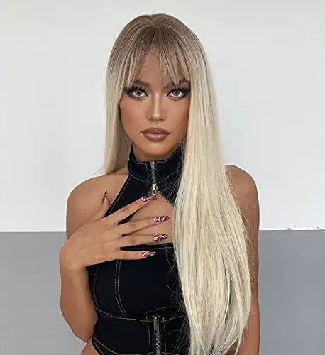 Shaded Platinum Blonde Wig with Bangs - Natural Looking Synthetic Hair for Cosplay, Costume Parties & Daily Wear | Heat Resistant & Comfortable