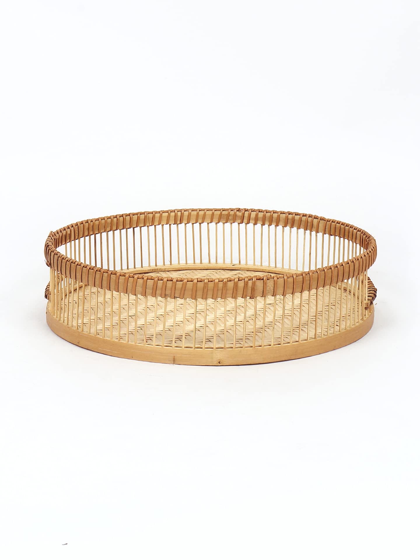 Habere India Handcrafted Bamboo Serving Tray - Decorative Round Tea Tray for Home Decor, Dining & Hospitality (25x4cm, Beige) | Perfect for Coffee Table, Gift Giving & Indian Cultural Events