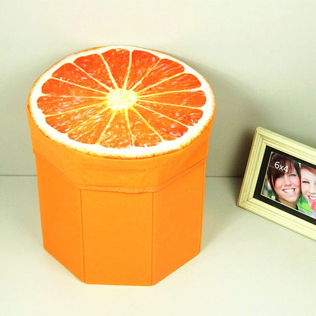GANFANREN 3D Creative Fruit Velvet Folding Storage Organizer Stool - Multifunctional Kids Toy Storage Box & Footstool (Orange) - Perfect for Nursery, Playroom & Living Room Organization