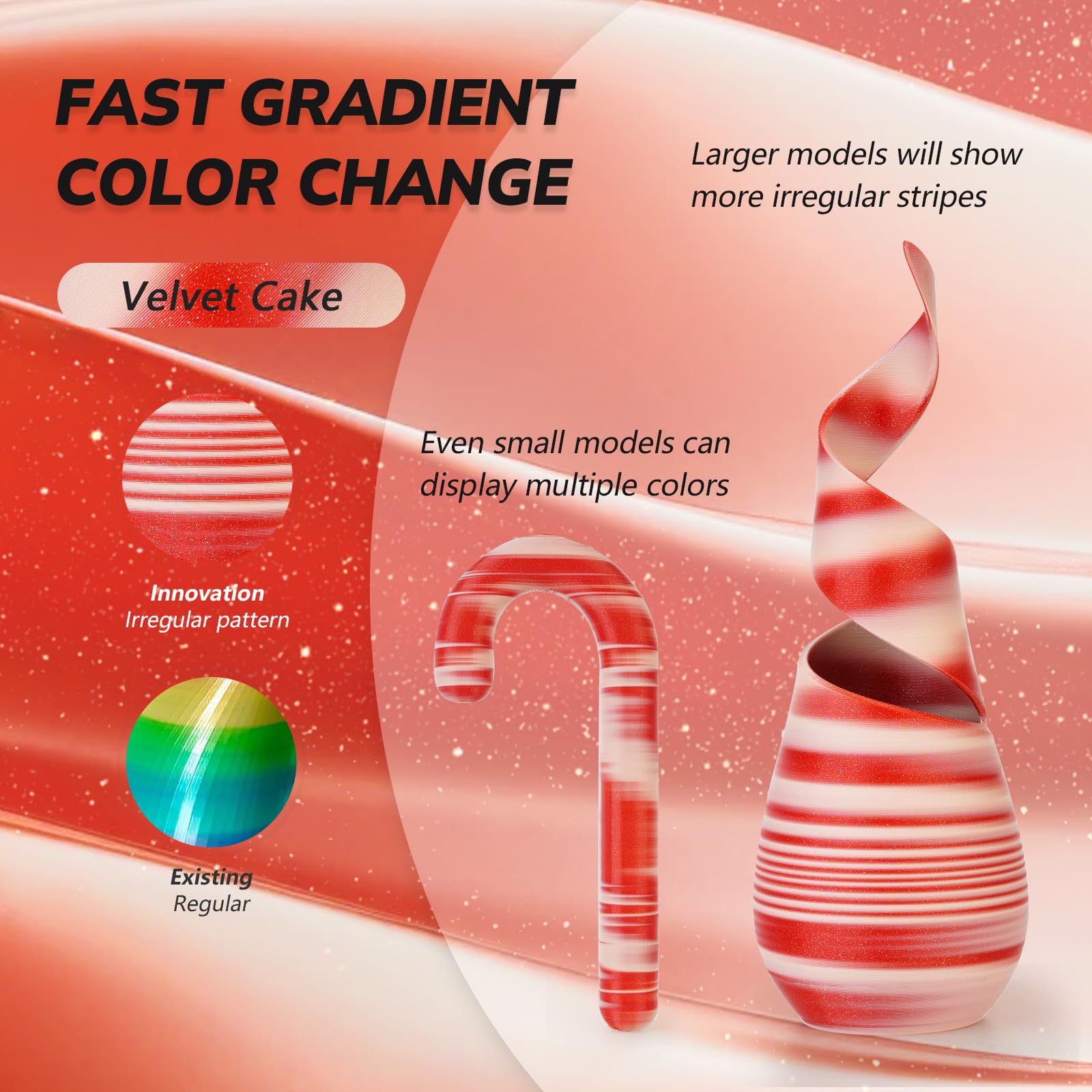 AMOLEN Shiny PLA 3D Printer Filament 1.75mm - Sparkle Multicolor Rainbow PLA with Glitter, Fast Color Change Gradient Filament for FDM 3D Printers - Velvet Red Peach Rose, 1kg (2.2lbs) - Perfect for Cosplay Props, DIY Crafts & Artistic 3D Printing Projects