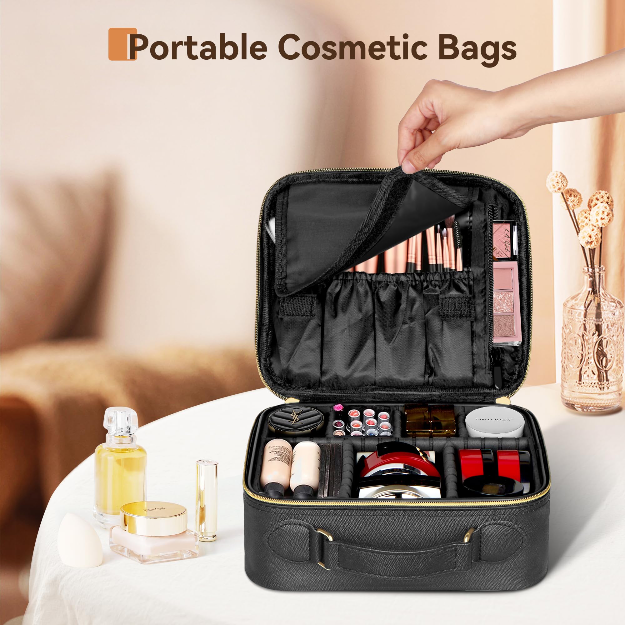 JUSRON Portable Makeup Bag with Adjustable Dividers - Small Cosmetic Organizer for Travel, Makeup Brush Holder Storage Case (Black) - Perfect for On-the-Go Touch Ups, Gym Essentials & Daily Beauty Routine