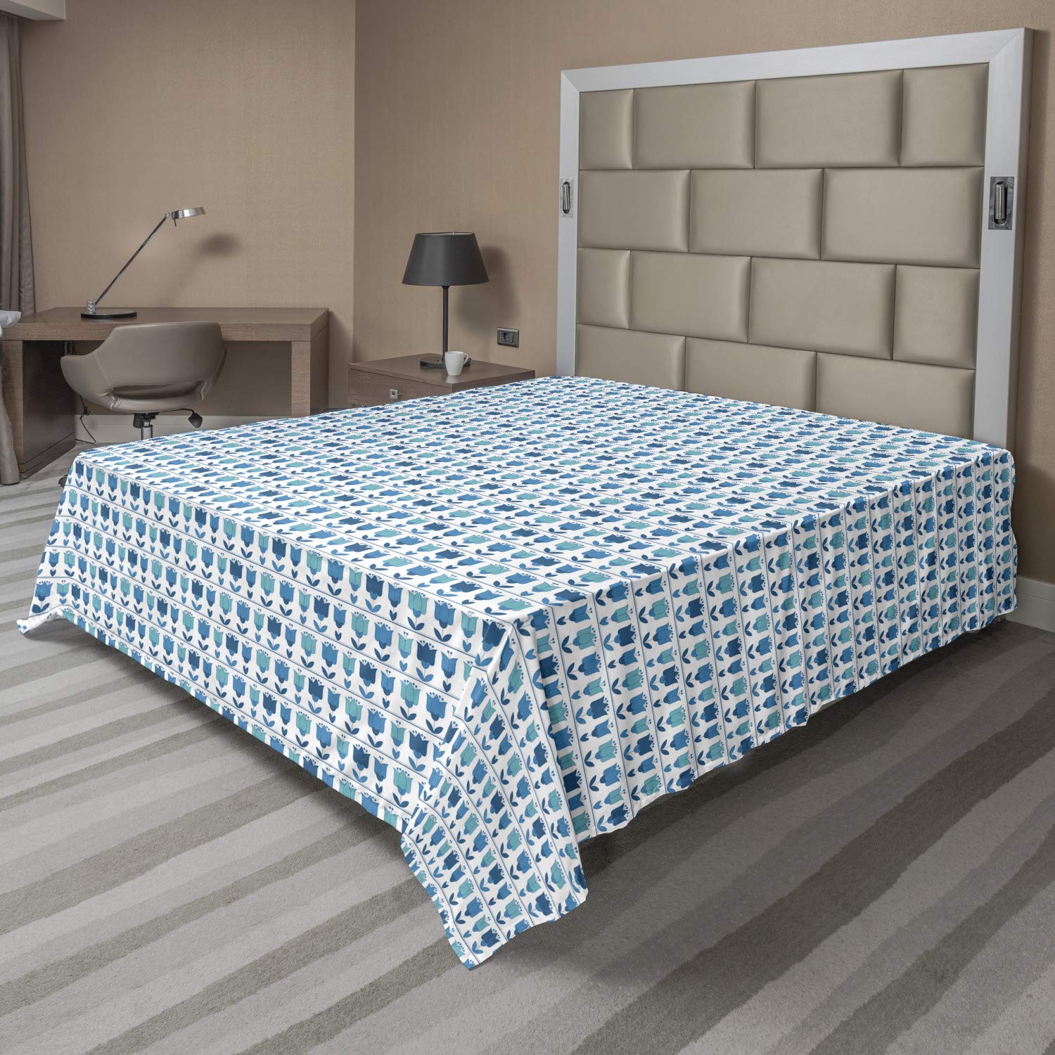 Ambesonne Floral Flat Sheet - Full Size Soft Comfortable Holland Tulips Folk Pattern Bedding | Blue Multicolor Decorative Top Sheet for Guest Rooms & Master Bedrooms