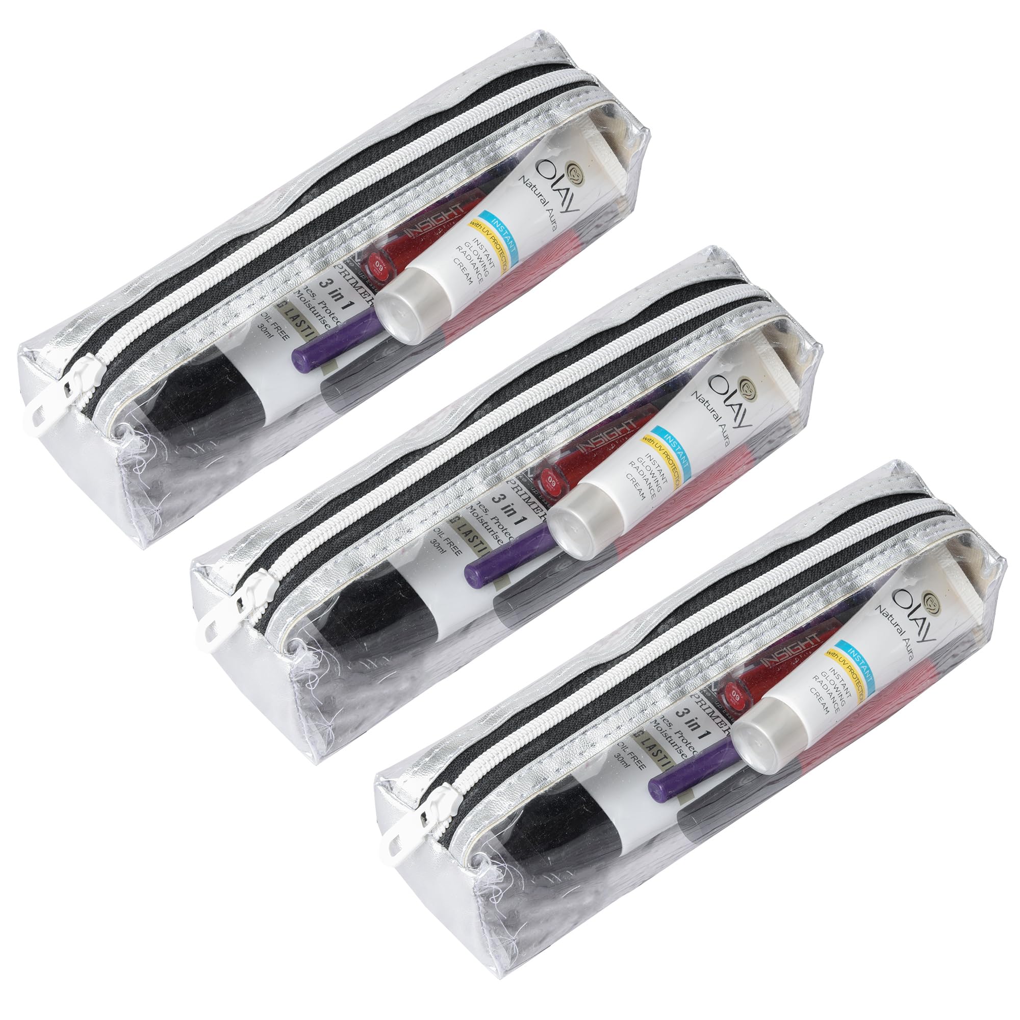 Kuber Industries 3-Pack Clear Travel Storage Pouches | Lightweight Transparent Organizer for Stationery, Makeup & Essentials | Multi-Purpose Waterproof Pouch for Travel, Office, Gym & Daily Use | Silver