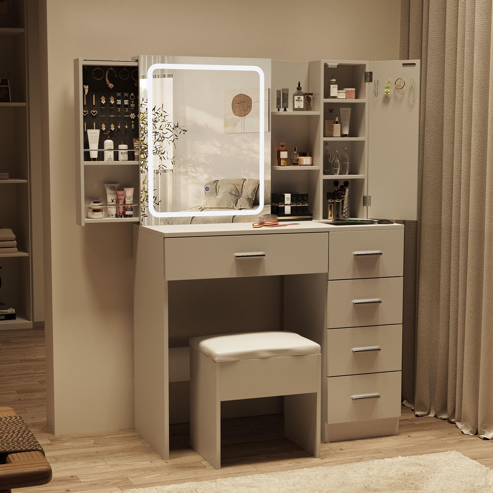 Fameill White Vanity Desk with Mirror and LED Lights - Makeup Dressing Table Set with Power Strip, Sliding Locker & 5 Drawers - 3 Lighting Modes for Bedroom, Dorm or Beauty Salon - Perfect for Makeup Application, Skincare Routine & Jewelry Organization