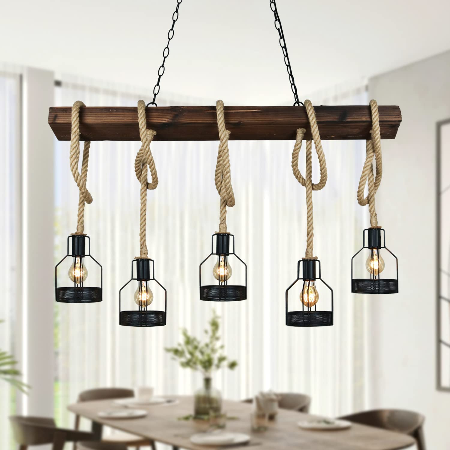 Farmhouse Pendant Lights for Kitchen Island - Rustic Dining Room Ceiling Fixture with 5 E26 Bulb Sockets - Black Metal & Wood Beam Chandelier - Perfect for Farmhouse, Industrial & Modern Kitchens