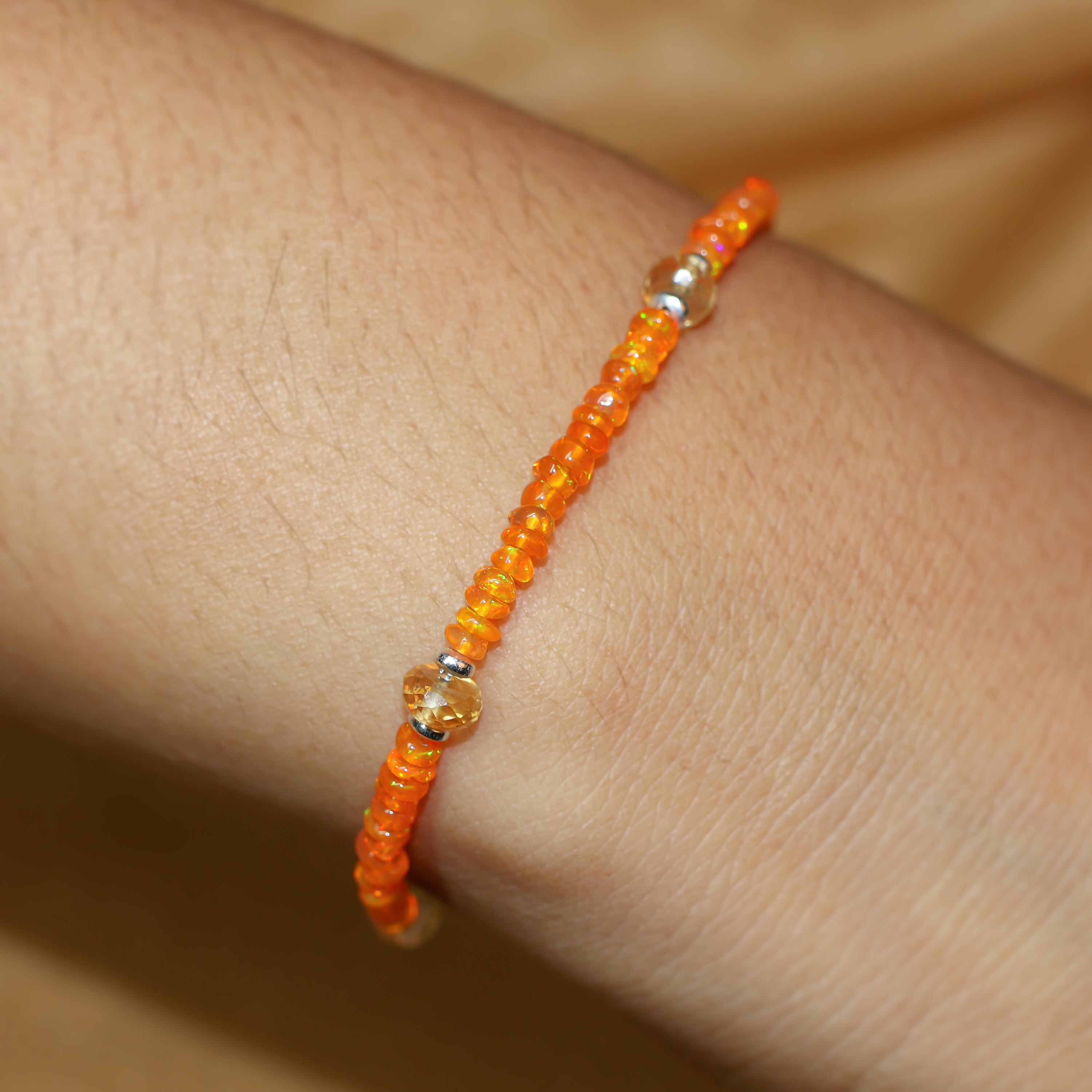Silver Beaded Bracelet with Natural Orange Opal & Citrine Beads - Elegant Boho Jewelry for Women, Perfect for Weddings, Parties & Everyday Wear