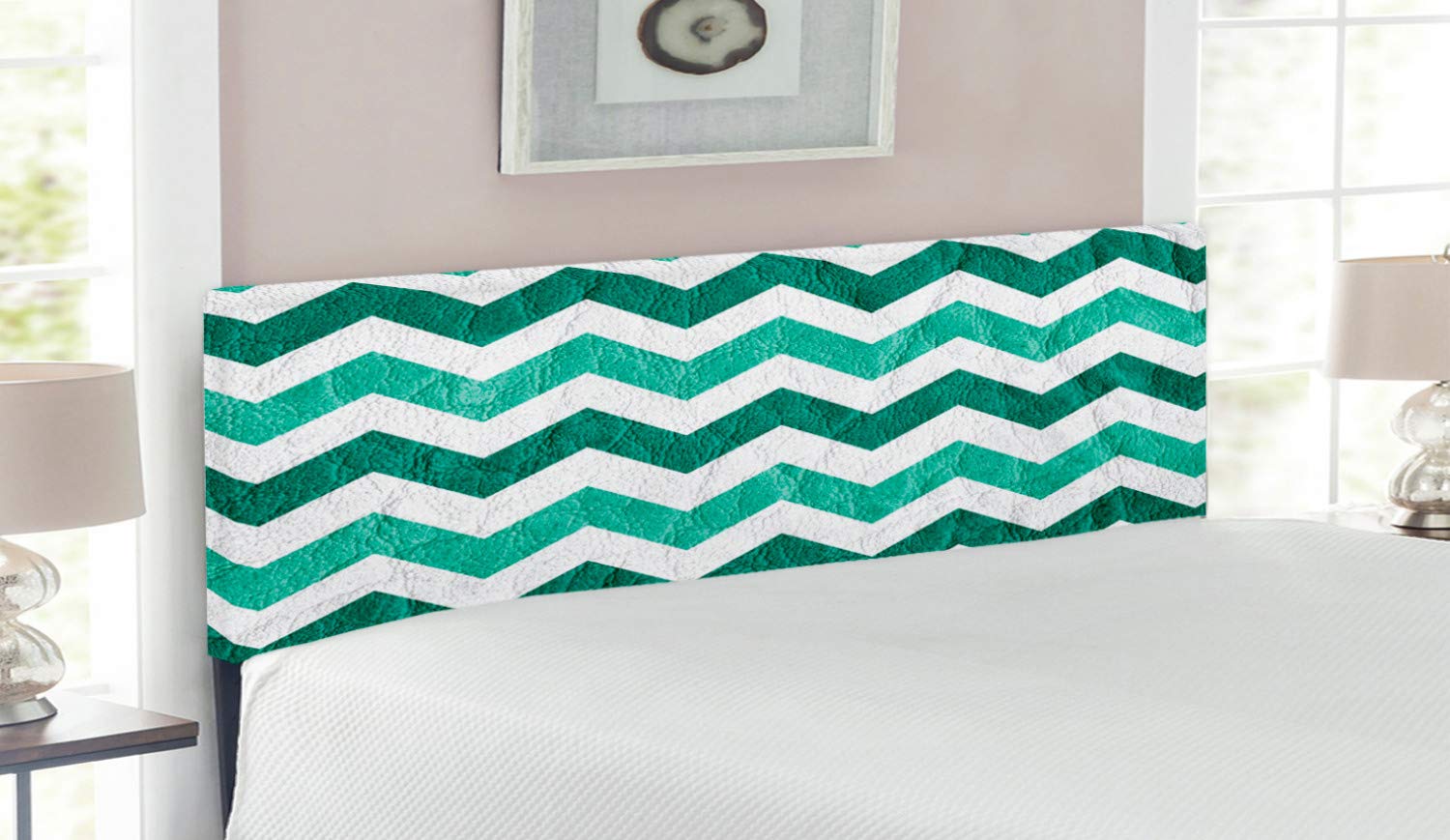 Ambesonne Modern Upholstered Headboard - Queen Size, Mint & Dark Green Chevron Geometric Design with Memory Foam | Contemporary Bedroom Decor for Master & Guest Rooms