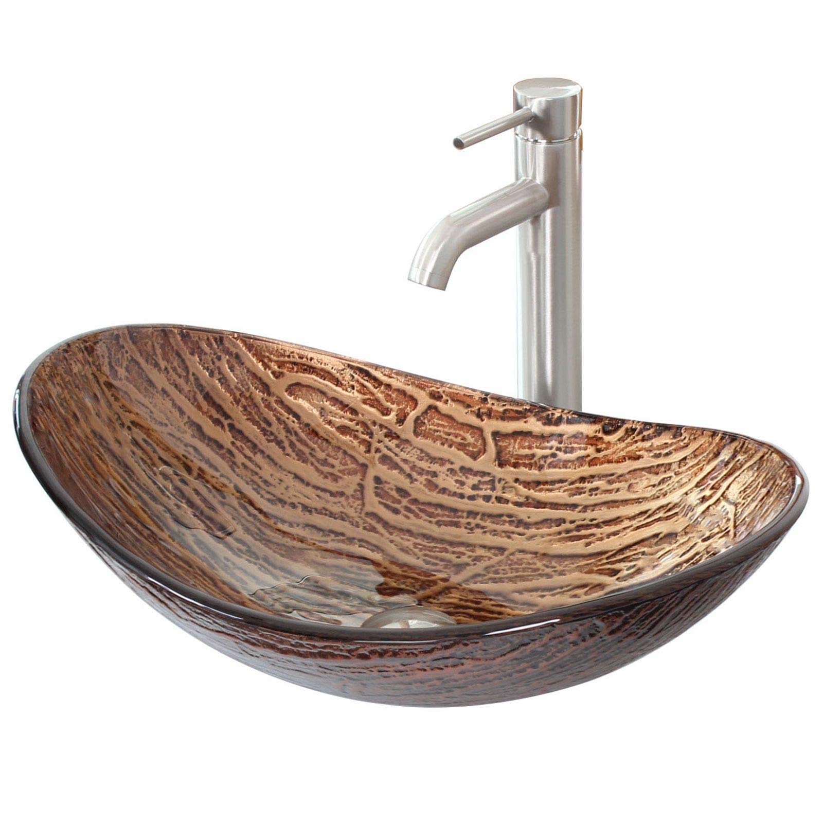 Premium ELITE Tempered Glass Vessel Sink with Stunning Hot Melt Multicolor Design & Brushed Nickel Finish Single Lever Faucet - Perfect for Modern Bathroom Vanity and Luxury Powder Room Decor
