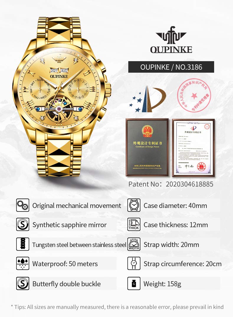 OUPINKE Men's Automatic Skeleton Watch - Self-Winding Mechanical Watch with Sapphire Crystal, 50M Waterproof & Tungsten Steel Case - Perfect for Business, Formal Events & Everyday Wear