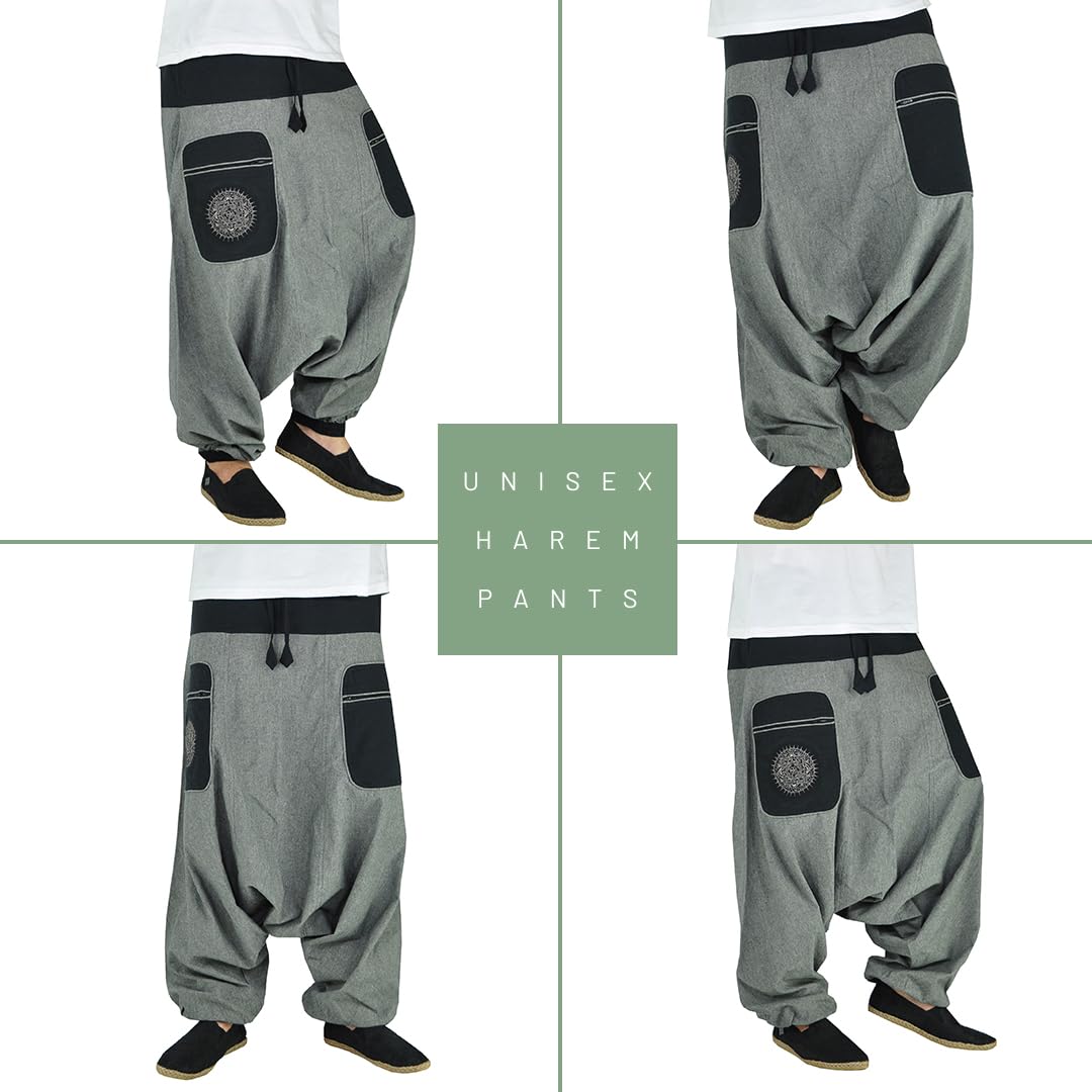 Virblatt Harem Pants for Men & Women - Soft Cotton Drop Crotch Genie Pants | Aladdin Style Hippie & Rave Wear | Perfect for Yoga, Meditation & Festival Outfits