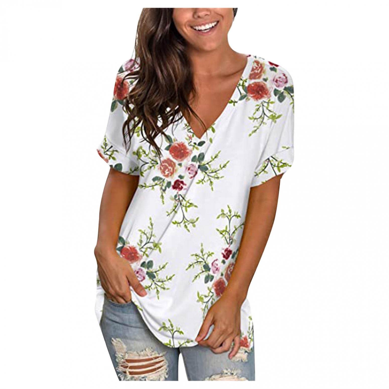 Women's Graphic Tees - Summer Short Sleeve V-Neck T-Shirts with Lace Detail | Casual Loose Fit Comfort Blouse for Everyday Wear & Outings