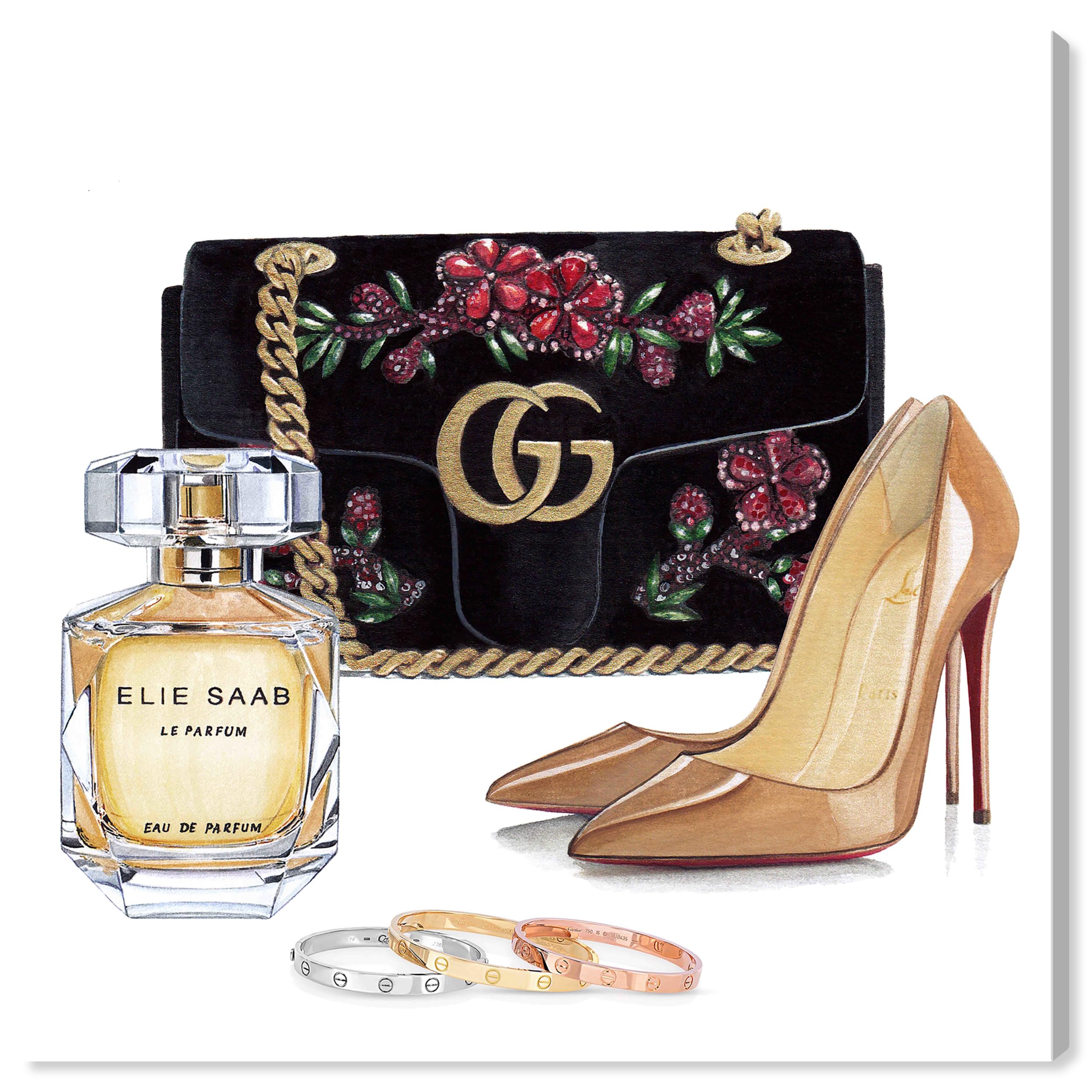 Oliver Gal Artist Co. 'Doll Memories - Perfume and Shoes' Fashion Wall Art Canvas Print - 24x24 Inch Black & Yellow Home Decor - Perfect for Living Room, Bedroom or Office Decoration