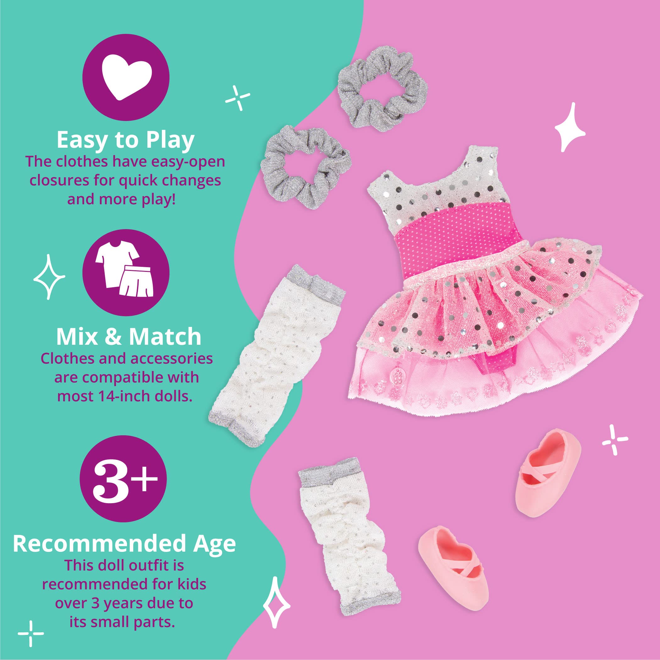 Glitter Girls Twirls of Joy Ballerina Outfit with Hearts & Stars - Ballet Dress, Hair Elastics, Shoes for 14-inch Doll - Perfect Dress-Up Toy for Kids Ages 3+ - Great for Pretend Play, Birthday Gifts & Role-Playing Fun