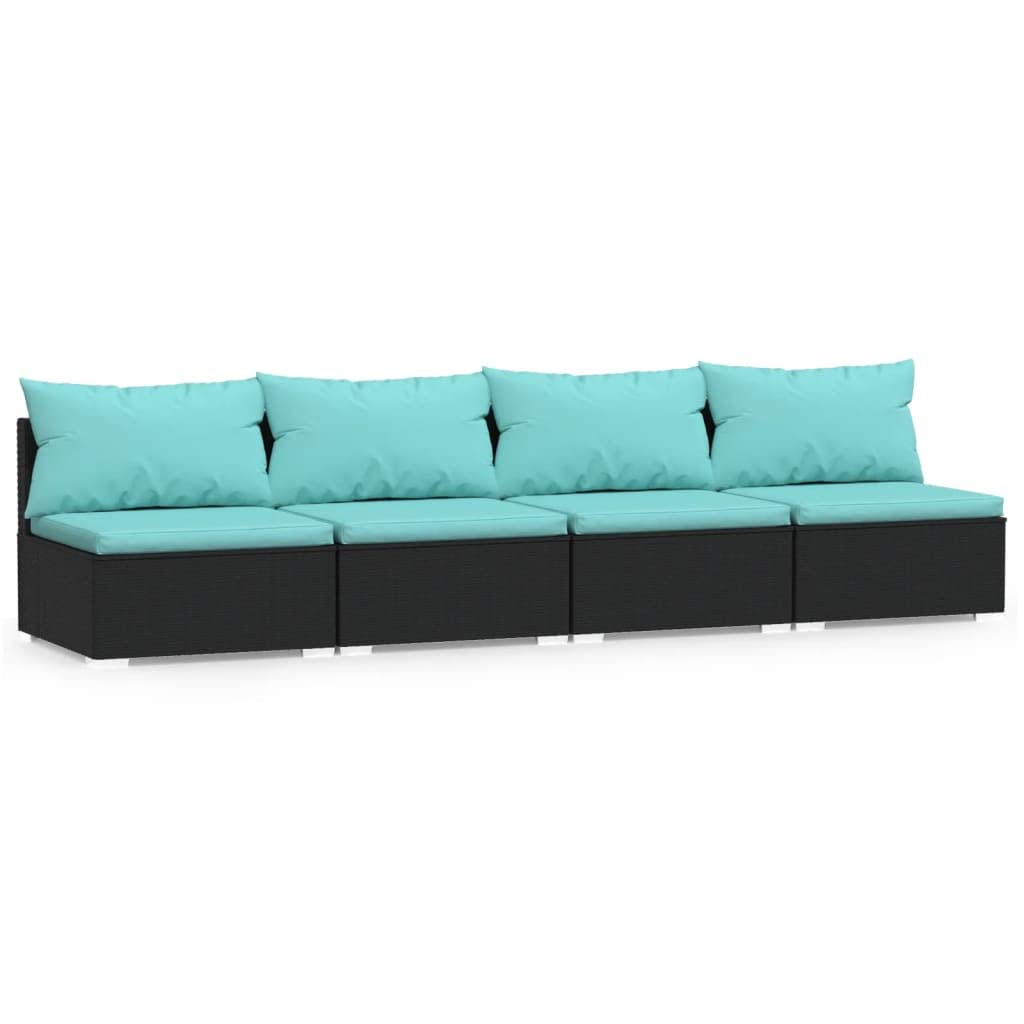Premium Black Poly Rattan Patio Furniture Set with Blue Cushions - 4-Piece Outdoor Seating for Garden, Deck, or Poolside Relaxation