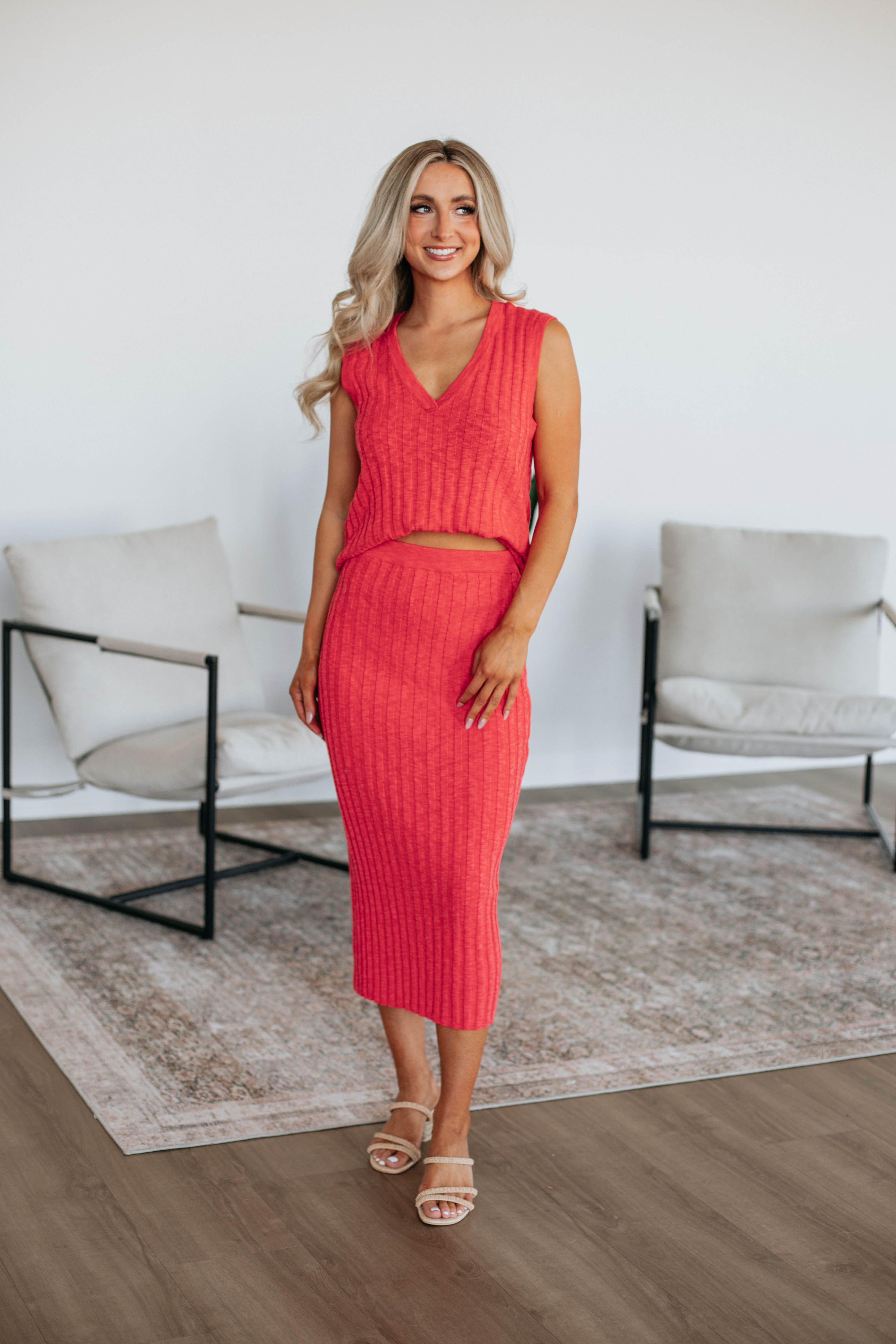 Andri Knit Skirt for Women - Soft Stretch Deep Coral Midi Skirt | Perfect for Casual Wear, Office Outfits & Date Nights