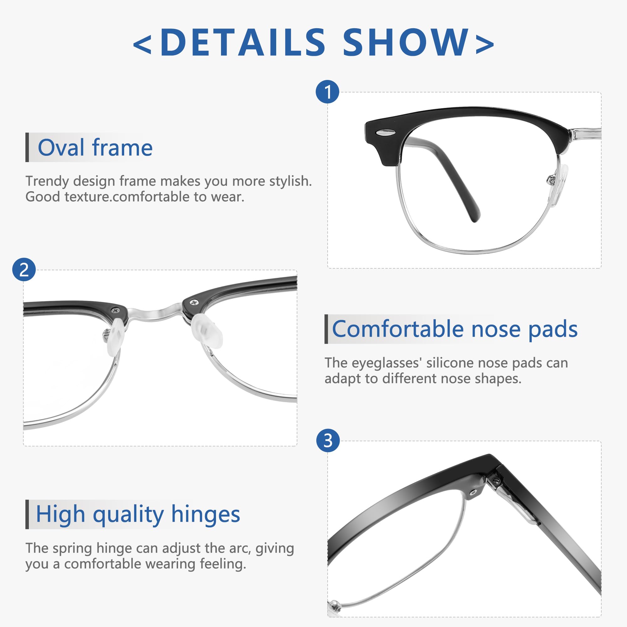 Blue Light Blocking Glasses for Men & Women - UV400 Protection Computer Eyewear - Retro Round Semi-Rimless Design - 3-Pack (Black, Grey, Transparent) - Reduce Eye Strain for Work, Gaming & Screen Time