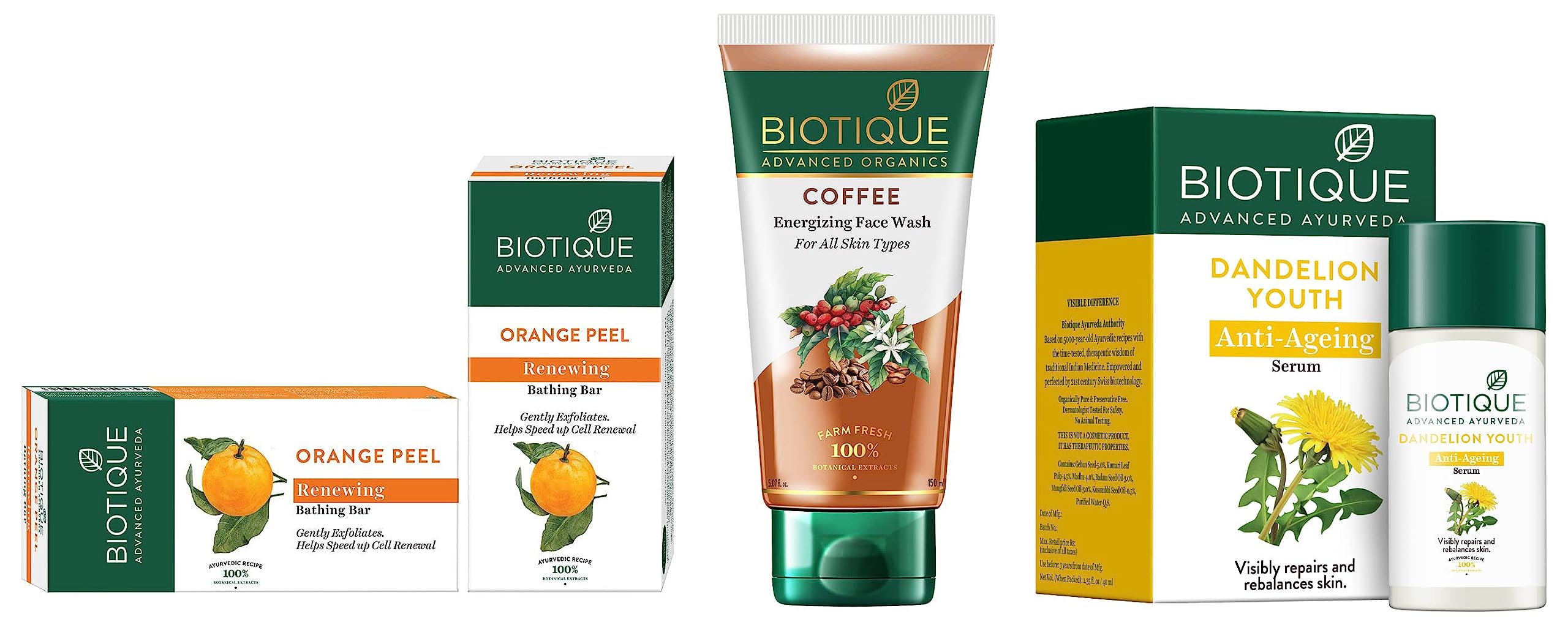 Biotique Coffee Energizing Face Wash 150ml - Purifies Skin & Unclogs Pores | Paraben & SLS Free | Dandelion Youth Anti-Aging Serum 40ml for All Skin Types | Bio Orange Peel Revitalizing Body Soap 150g | Skincare Routine for Glowing Skin & Anti-Aging Benefits