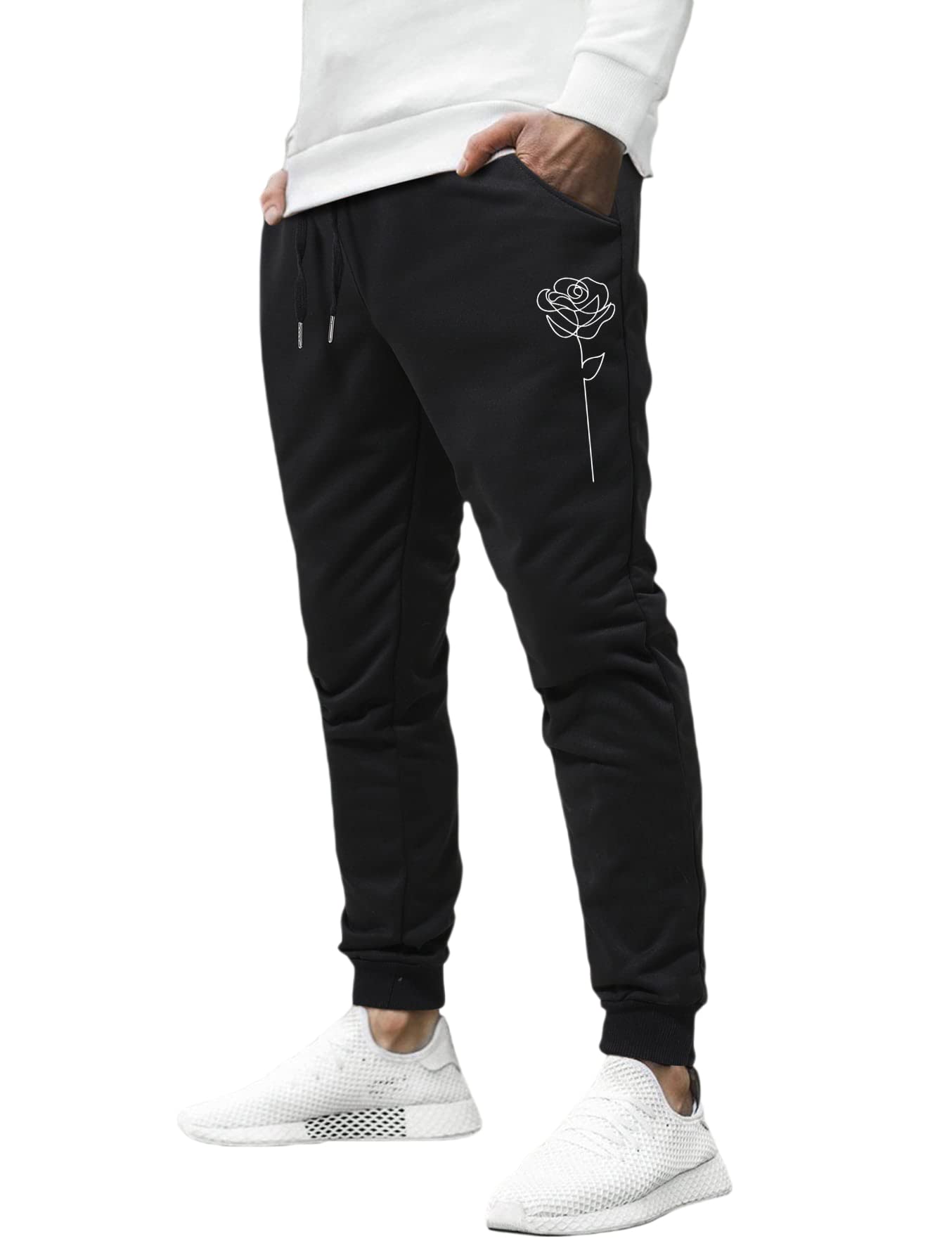 WDIRARA Men's Rose Print Jogger Pants with Drawstring Waist & Pockets - Comfortable Casual Sweatpants for Lounge, Gym, and Outdoor Activities