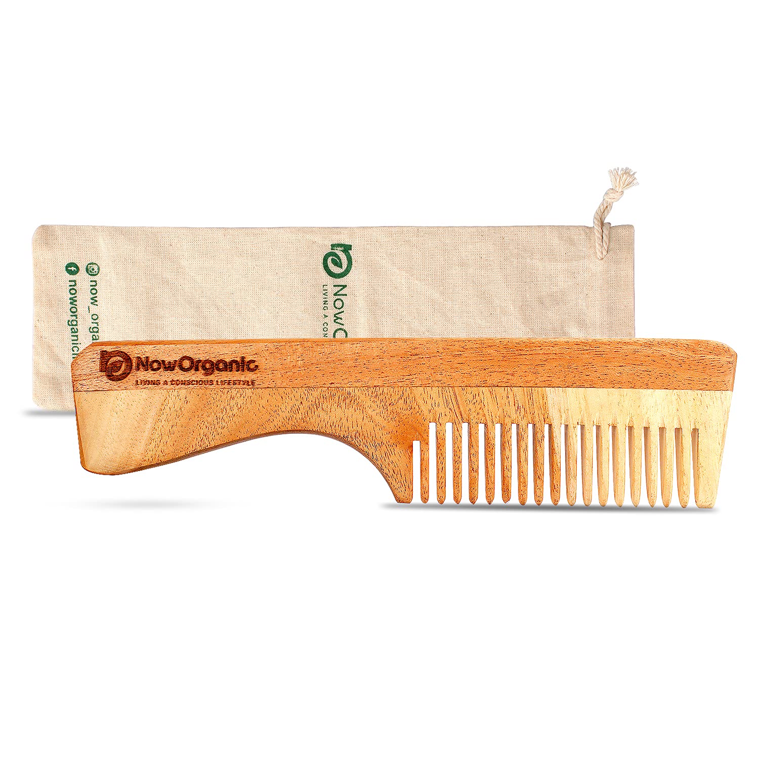 Organic Neem Wood Hair Comb for Healthy Hair - Anti Dandruff & Hair Fall Prevention - Reusable Muslin Pouch Included | Perfect for Daily Hair Care & Scalp Massage at Home or Travel