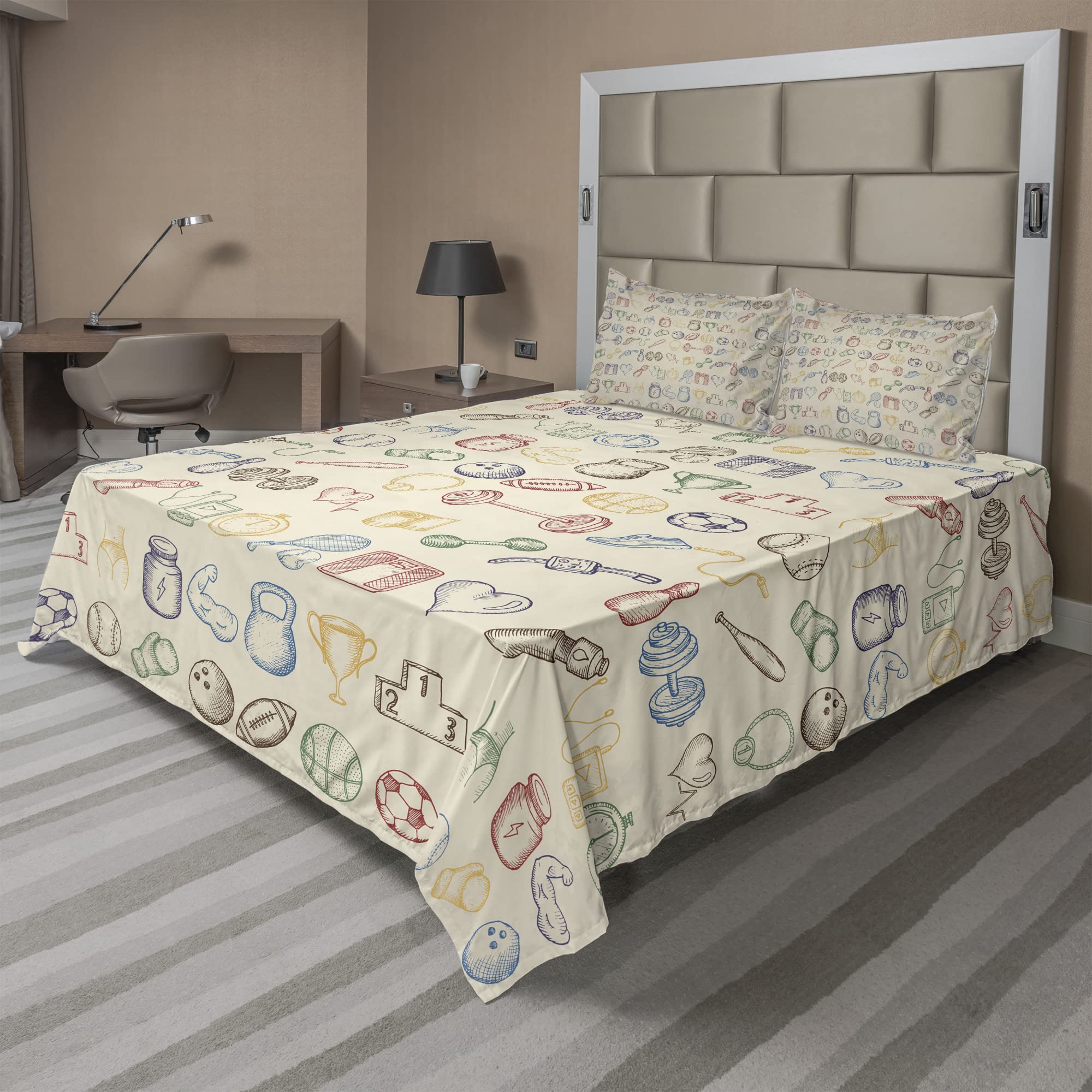 Ambesonne Olympics 4-Piece Sheet Set - Fitness & Sports Gym Aerobics Healthy Lifestyle Themed Bedding with Fitted Sheet, Flat Sheet & Pillowcases - Beige Blue - Perfect for Athletes, Gym Enthusiasts & Sports-Themed Bedrooms