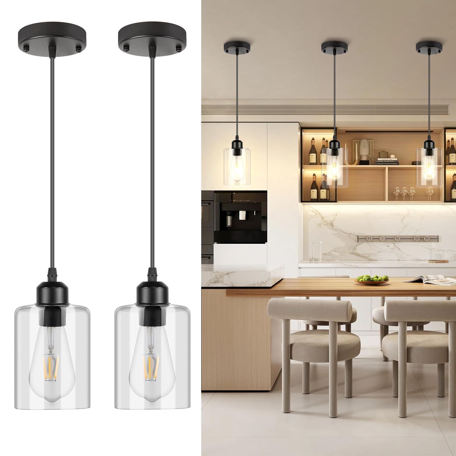 CANMEIJIA 2-Pack Adjustable Kitchen Pendant Lights - Modern Hanging Ceiling Fixtures for Kitchen Island, Dining Room, Bedroom & Hallway | Perfect for Home Decor and Ambient Lighting
