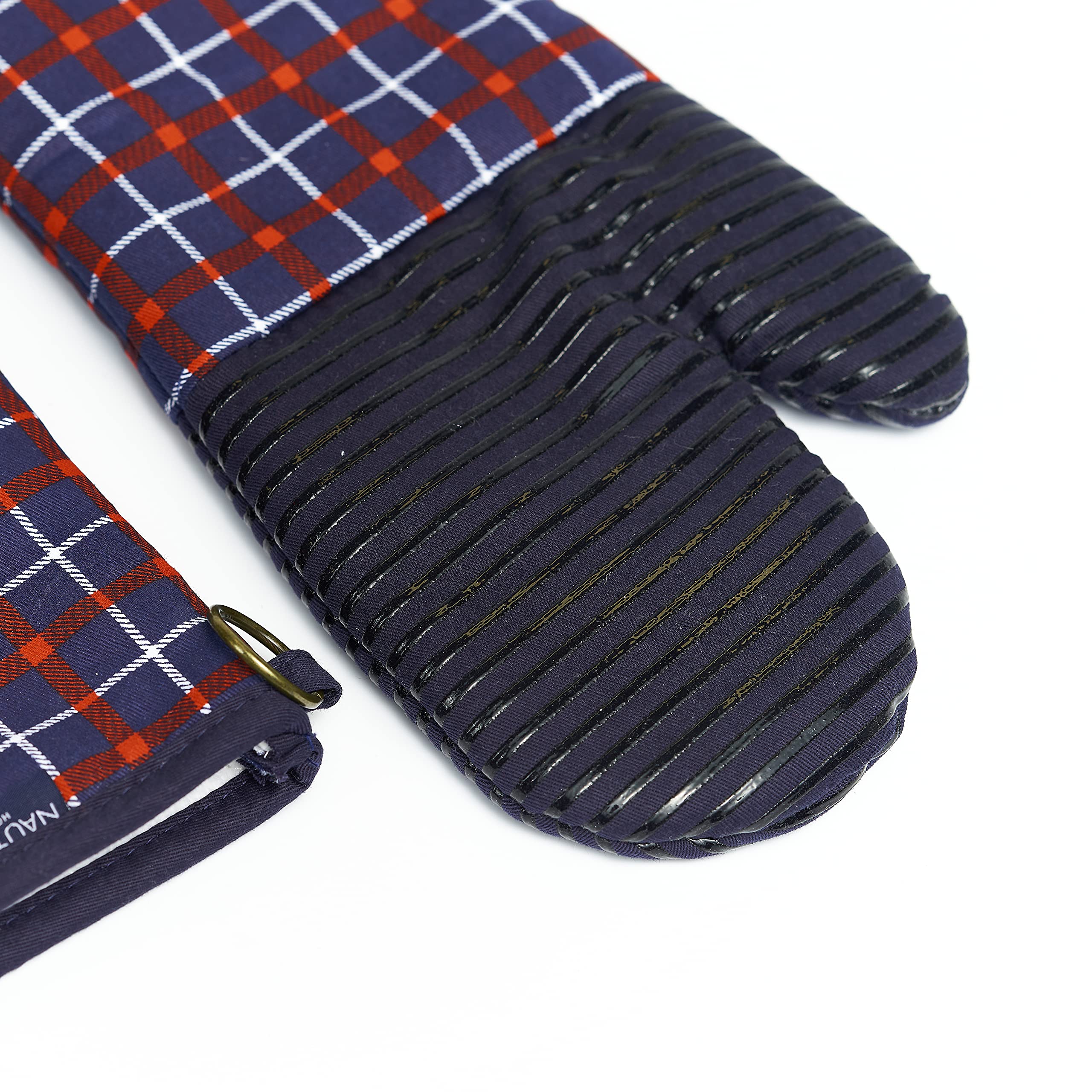 NAUTICA Home - Heat Resistant Kitchen Oven Mitts Set of 2 (500°F), Cotton Potholders with Non-Slip Silicone Grip - Red/Navy Plaid - Perfect for Baking, Grilling & Cooking Protection