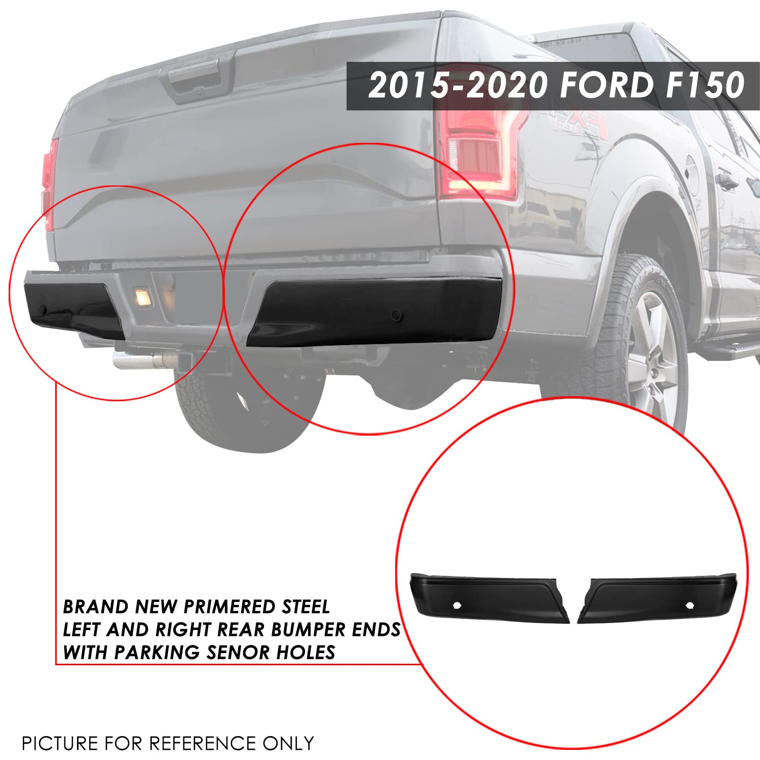 DNA MOTORING ZTL-Y-0256 2Pcs/Set Left & Right Rear Bumper Ends with Sensor Holes - Compatible with 2015-2020 Ford F150 (Excludes Raptor Models) | Perfect for Truck Upgrades, Off-Road Protection & Parking Assistance