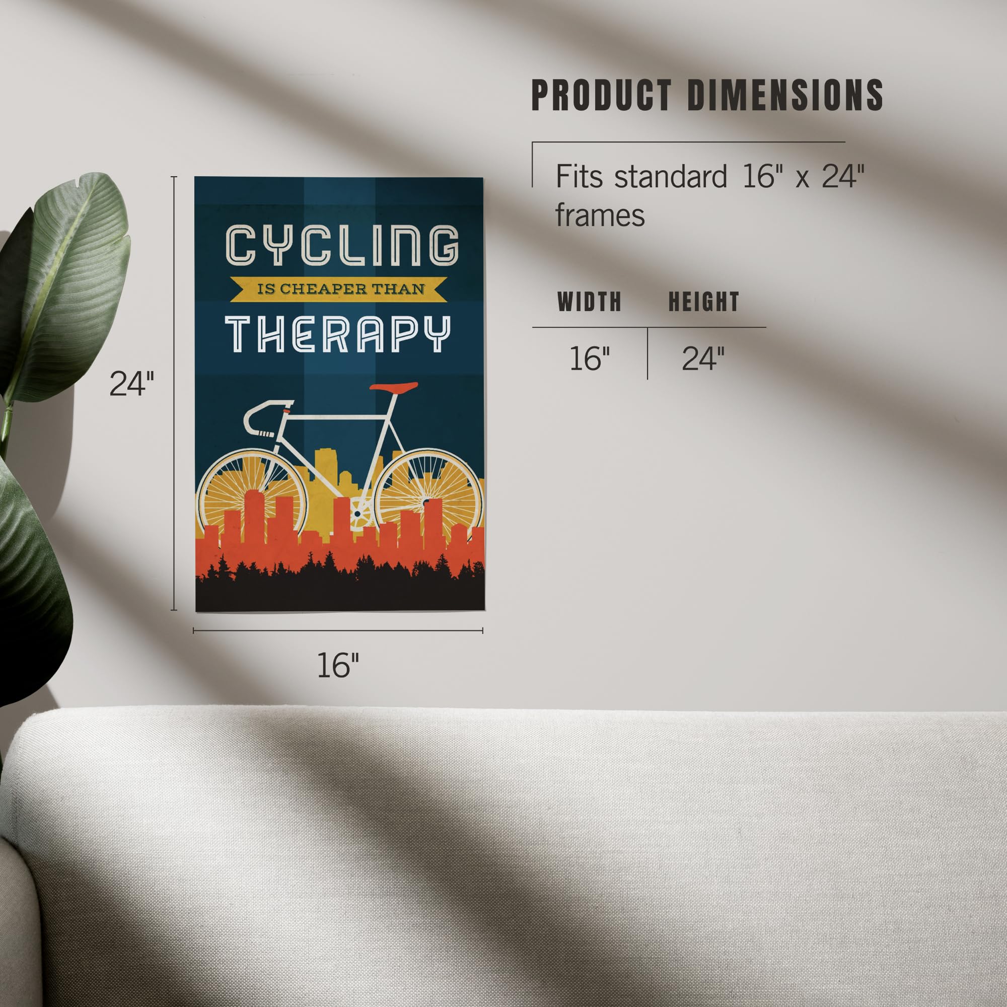 Lantern Press 16x24 Inch Giclee Art Print - Cycling is Cheaper than Therapy Screenprint Style Wall Decor for Living Room, Bedroom & Office