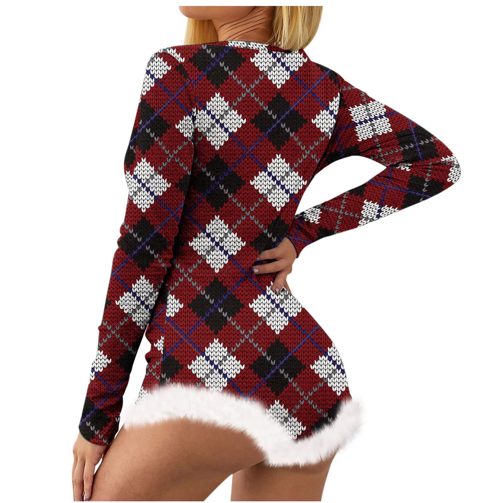 Sexy Christmas Printed Lingerie for Women - V Neck Long Sleeve Bodysuit Sleepwear & Pajamas for Holiday Romance, Intimate Play & Boudoir Photography