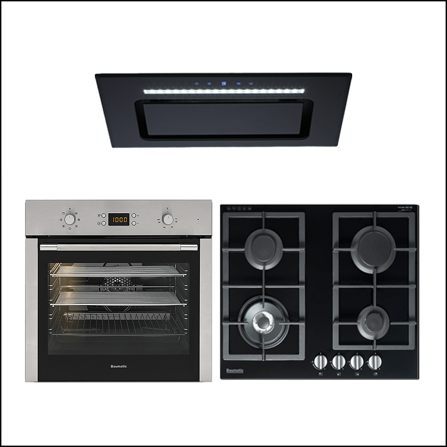 Baumatic 60cm Black Glass Built-in Oven and Hob Package BA05 - Modern Kitchen Appliance Set for Home Cooking & Baking