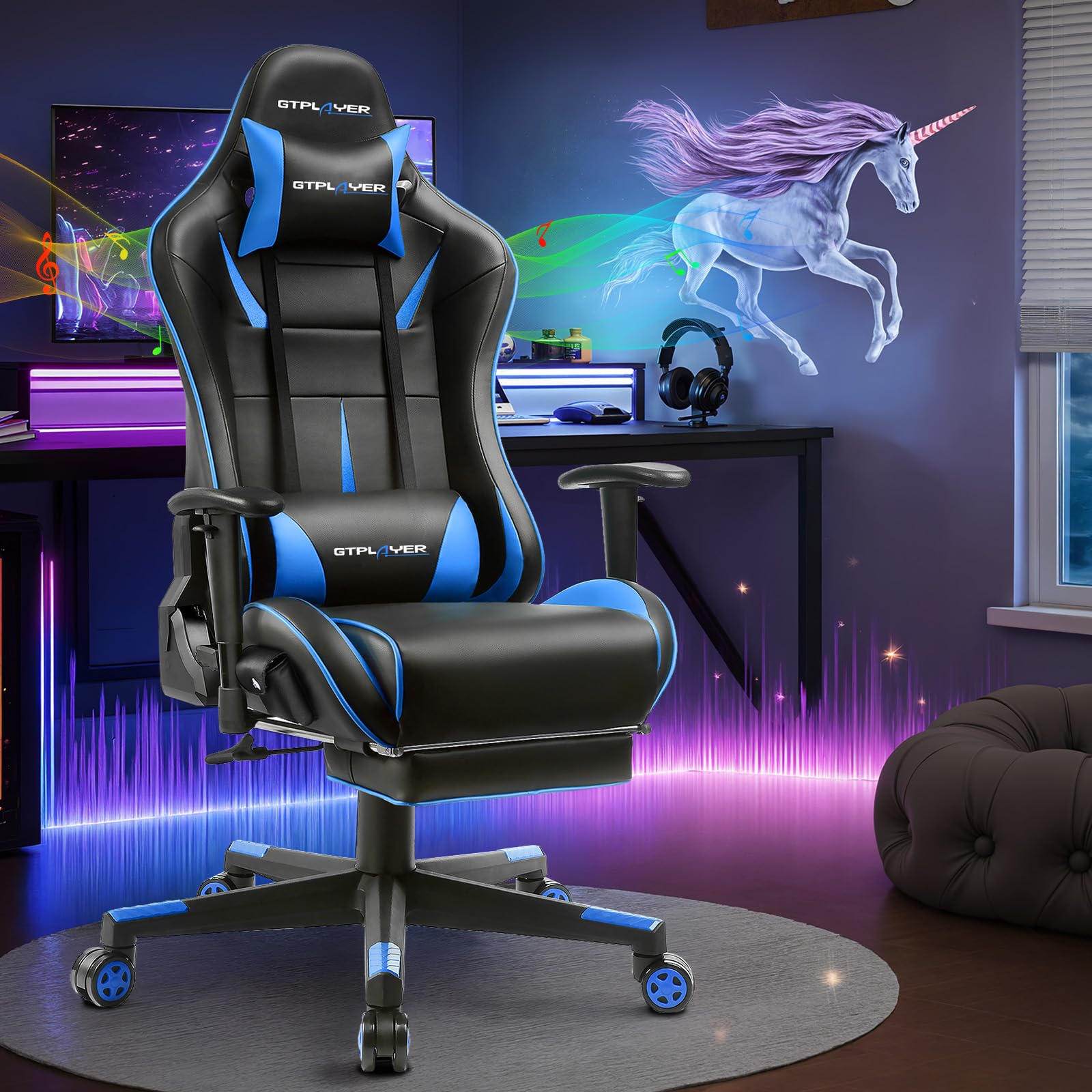GTPLAYER Bluetooth Gaming Chair with Built-in Speakers - Ergonomic Reclining Video Game Chair for Adults & Kids - Adjustable Height, Lumbar Support & Footrest - Perfect for PC Gaming, Console Gaming & Home Office (Blue)